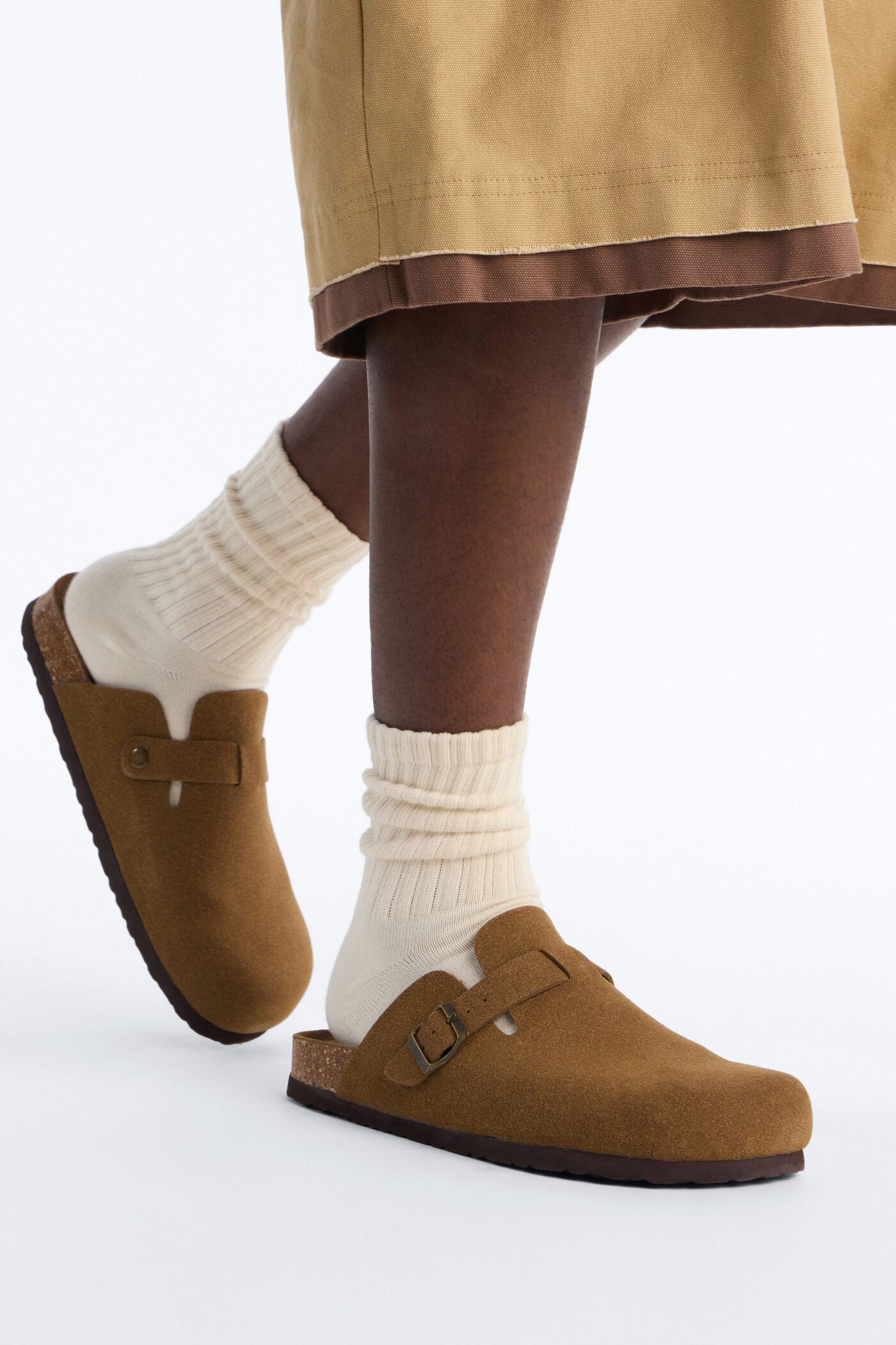 Buckled Cut Out Suede Slip On Mule - Brown