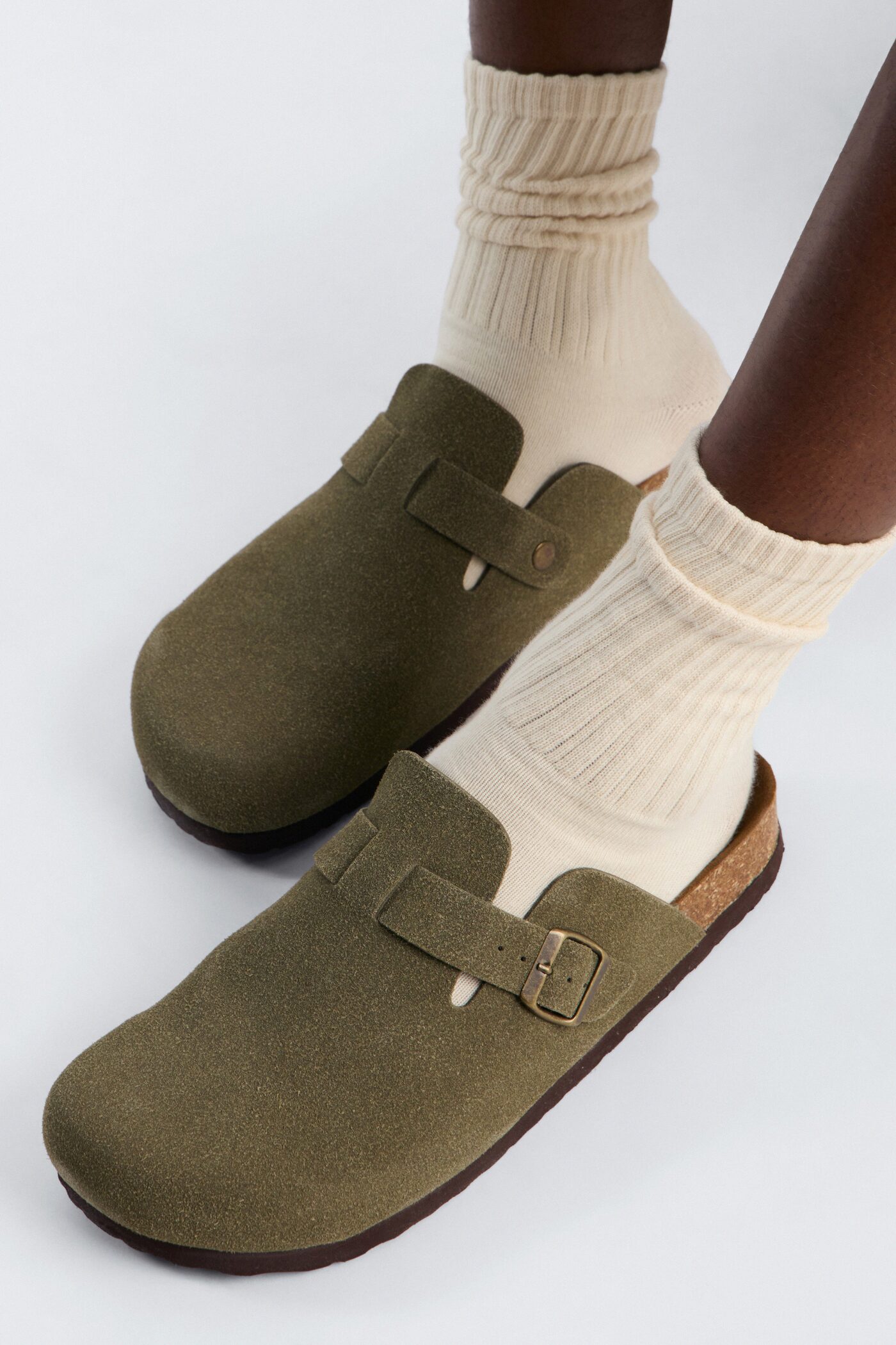 Buckled Cut Out Suede Slip On Mule - Green
