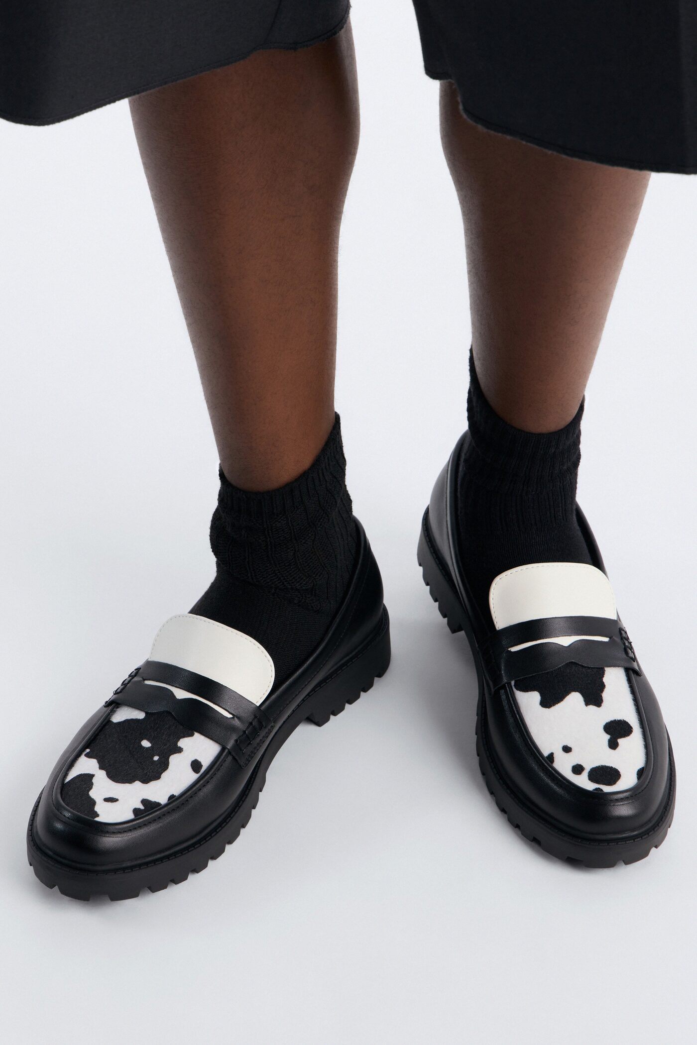 Faux Leather Cow Print Penny Strap Chunky Loafer - Black/White