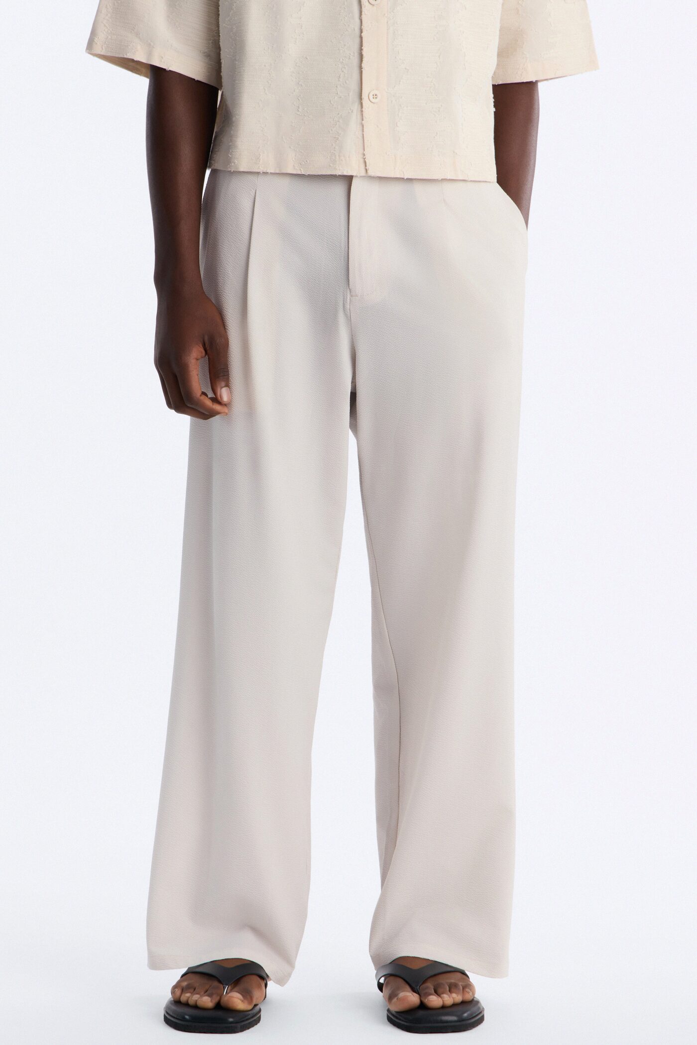 Wide Leg Textured Seersucker Trouser - Tan
