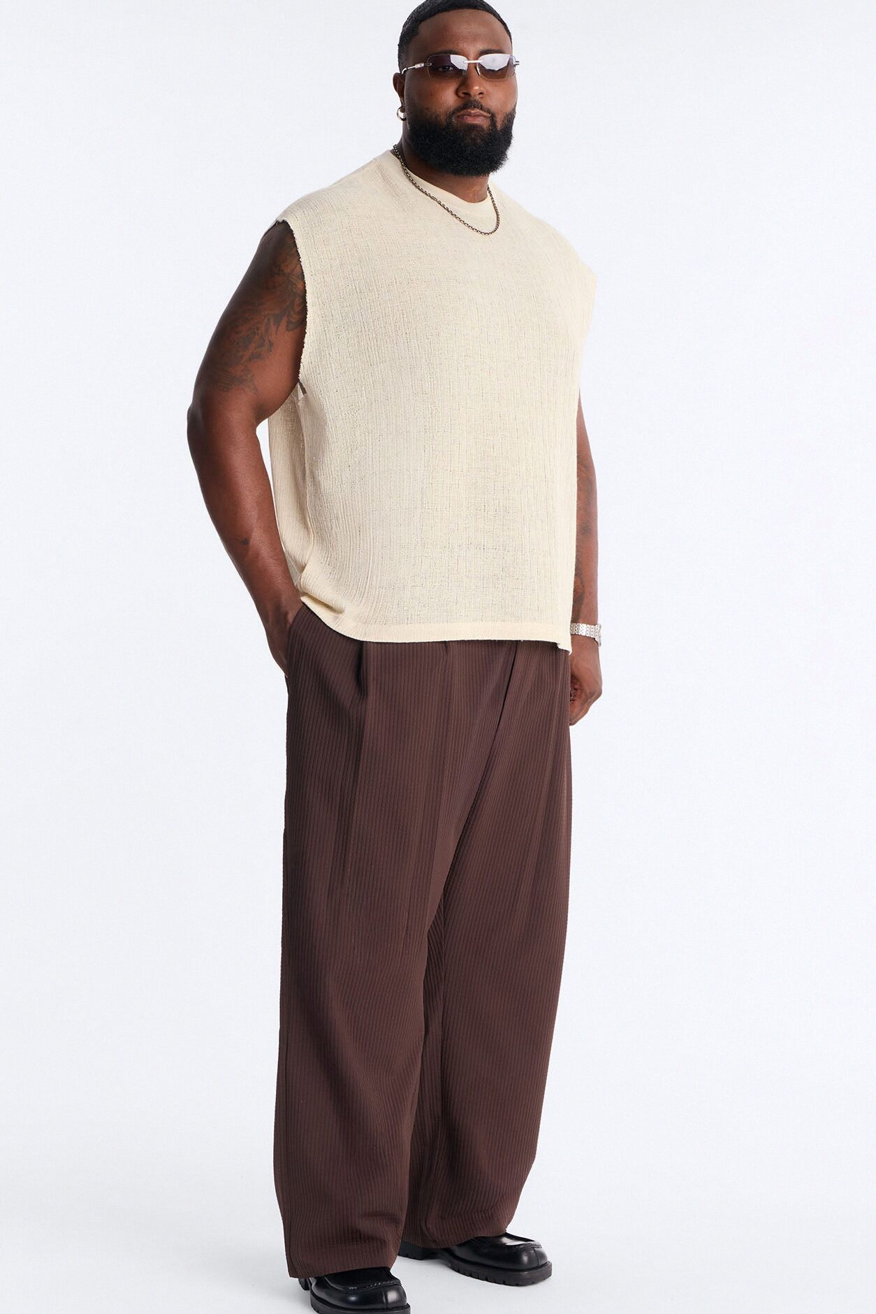 Baggy Lightweight Textured Esplanade Trouser - Dark Brown