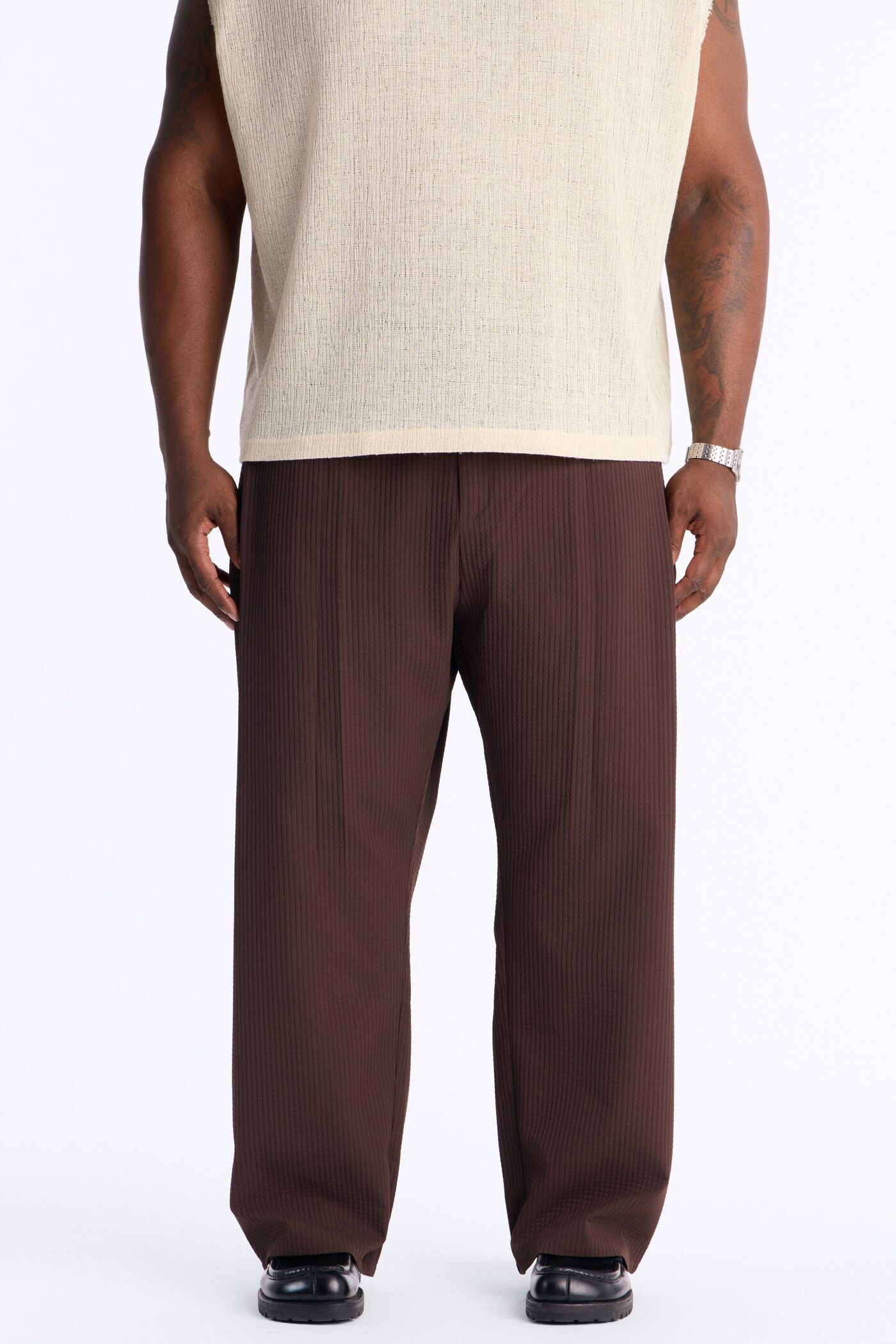 Baggy Lightweight Textured Esplanade Trouser - Dark Brown