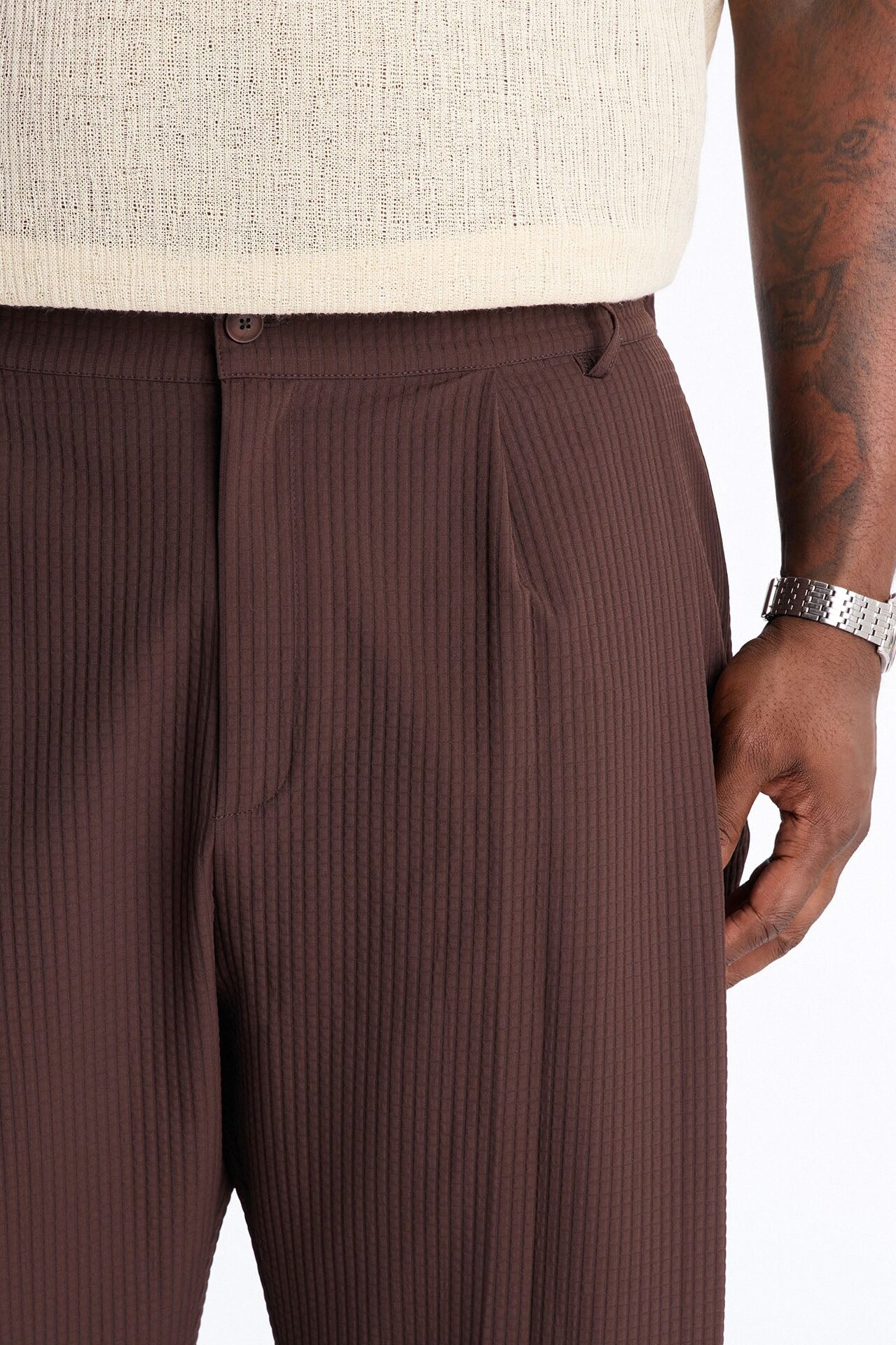 Baggy Lightweight Textured Esplanade Trouser - Dark Brown