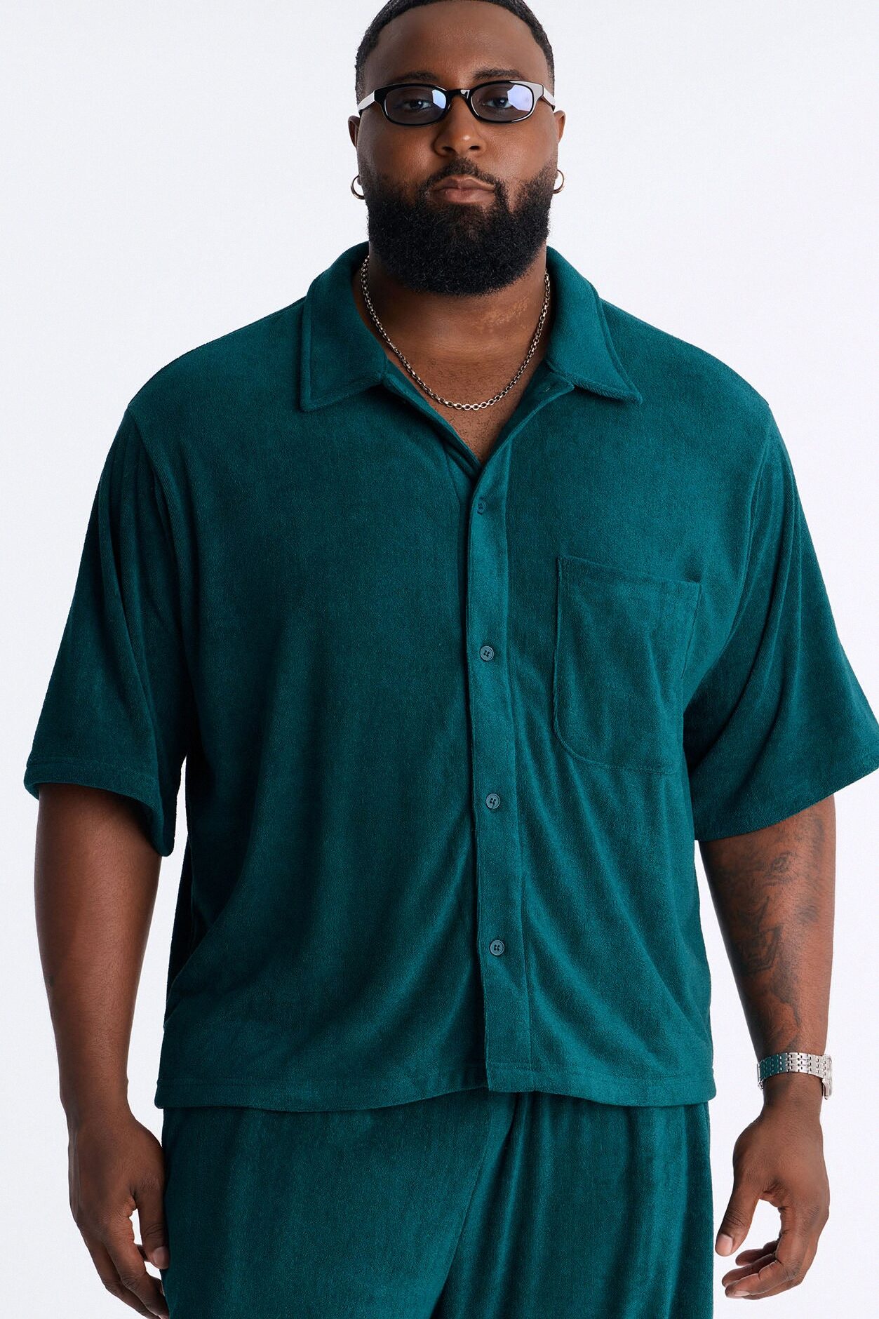 Classic Terry Cloth Button Up Shirt - Teal