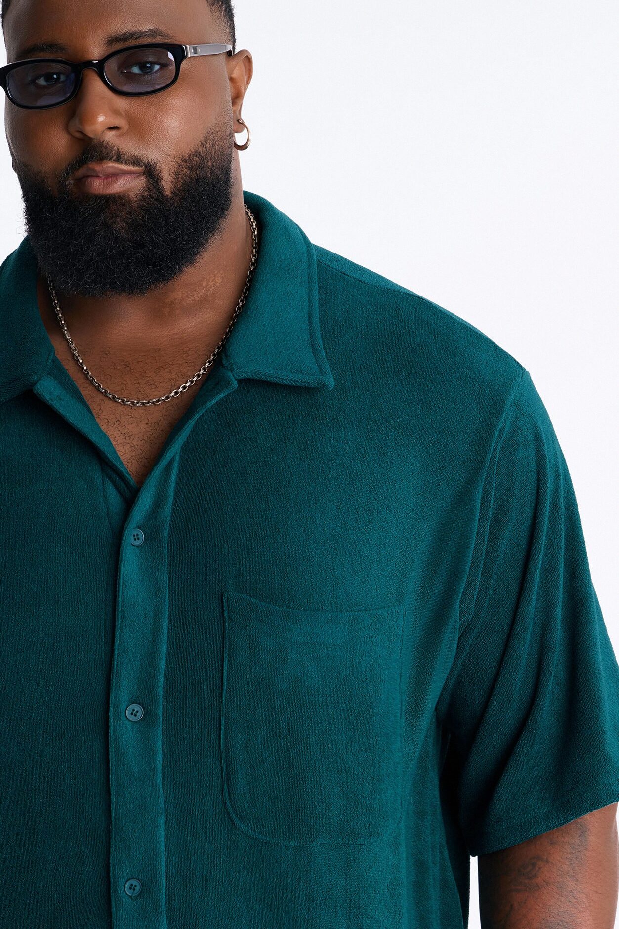 Classic Terry Cloth Button Up Shirt - Teal