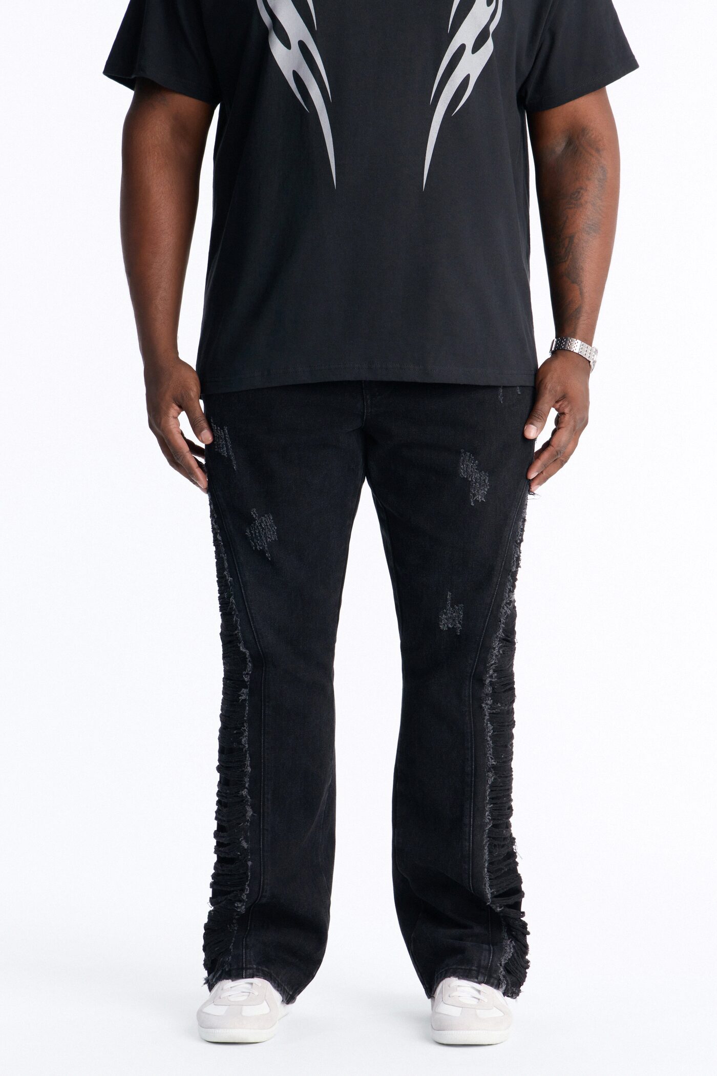 Stacked Slim Flare Slashed Down Jean - Black Wash