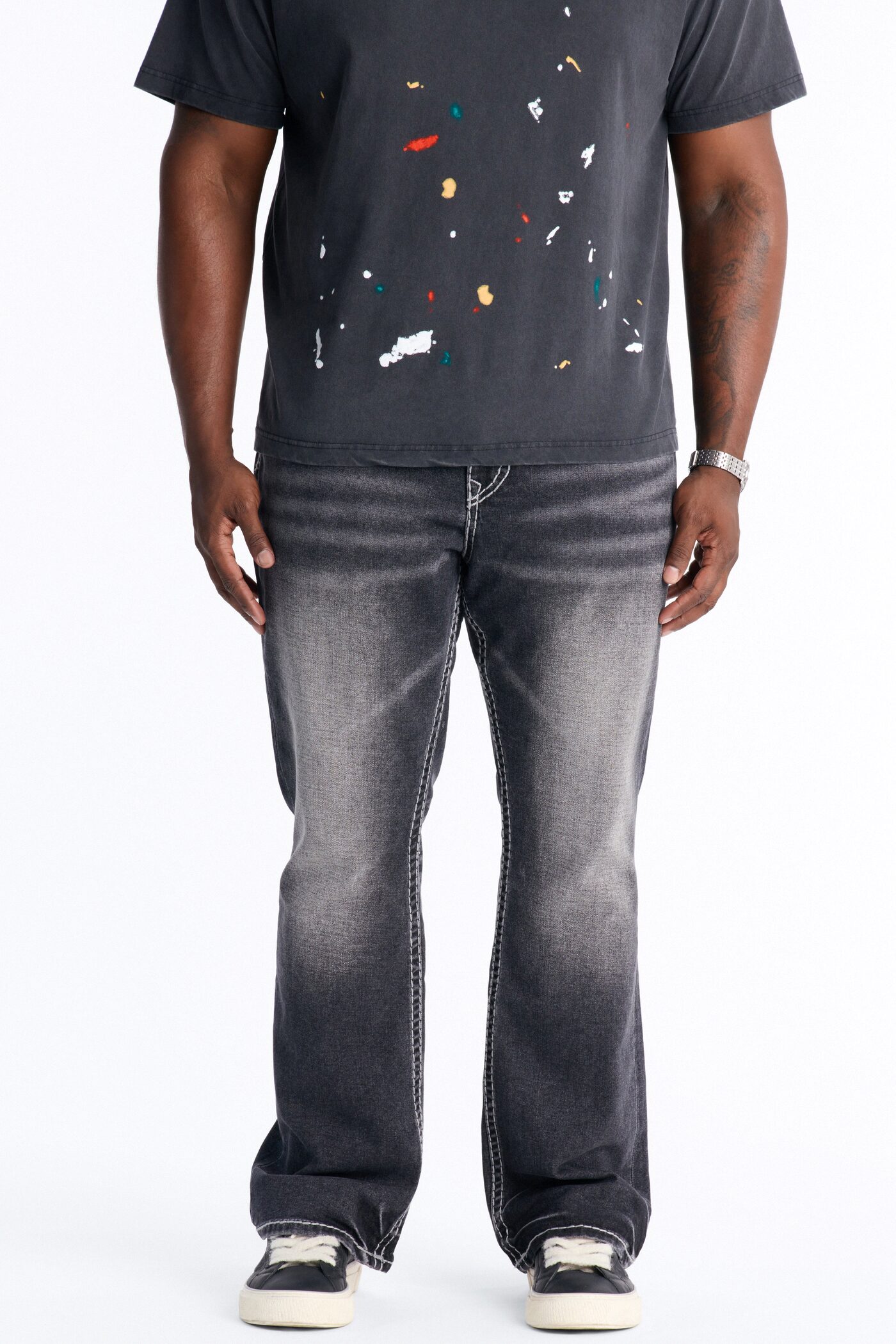 Heavy Stitch Back Flap Stacked Slim Flare Jean - Black Wash