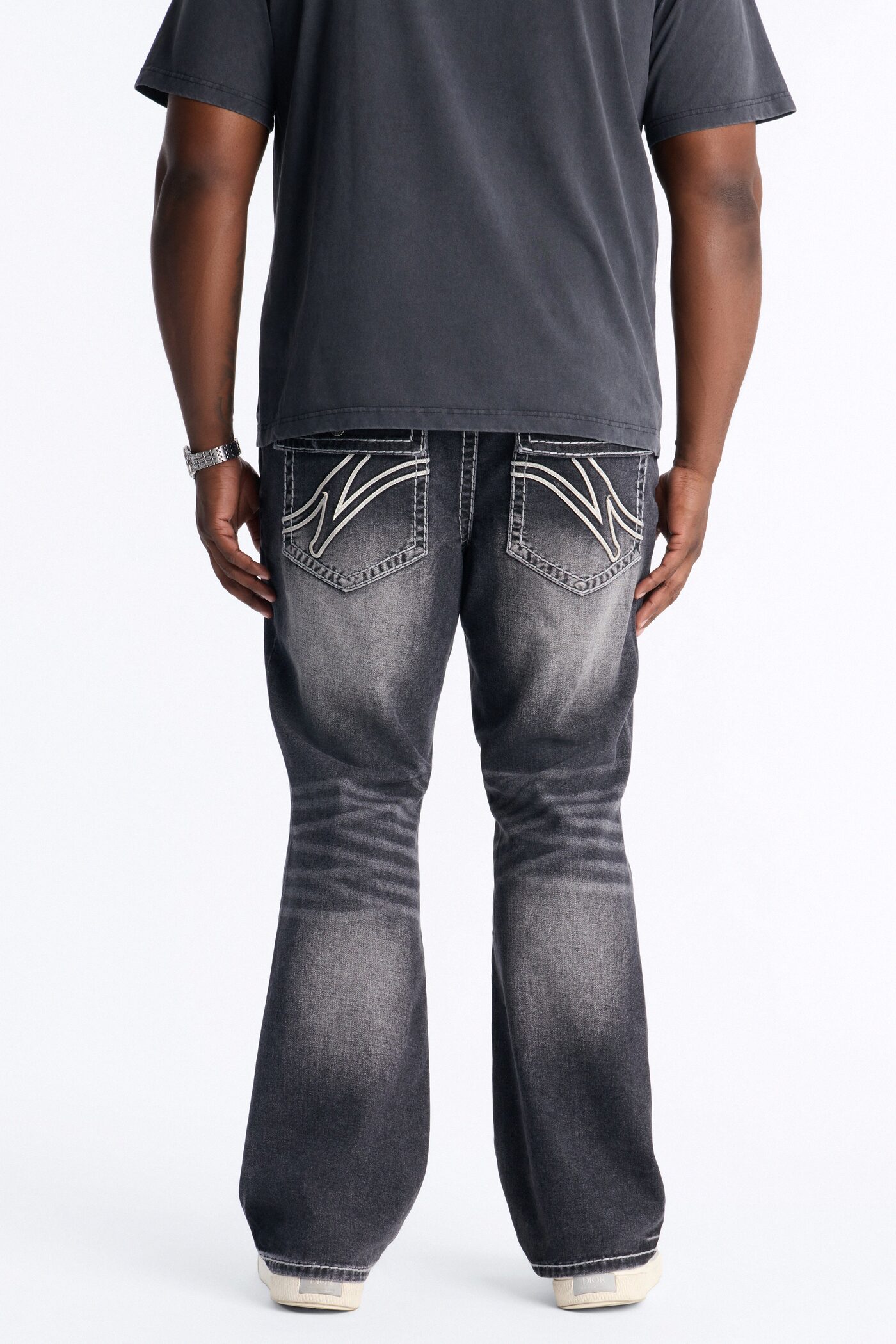 Heavy Stitch Back Flap Stacked Slim Flare Jean - Black Wash