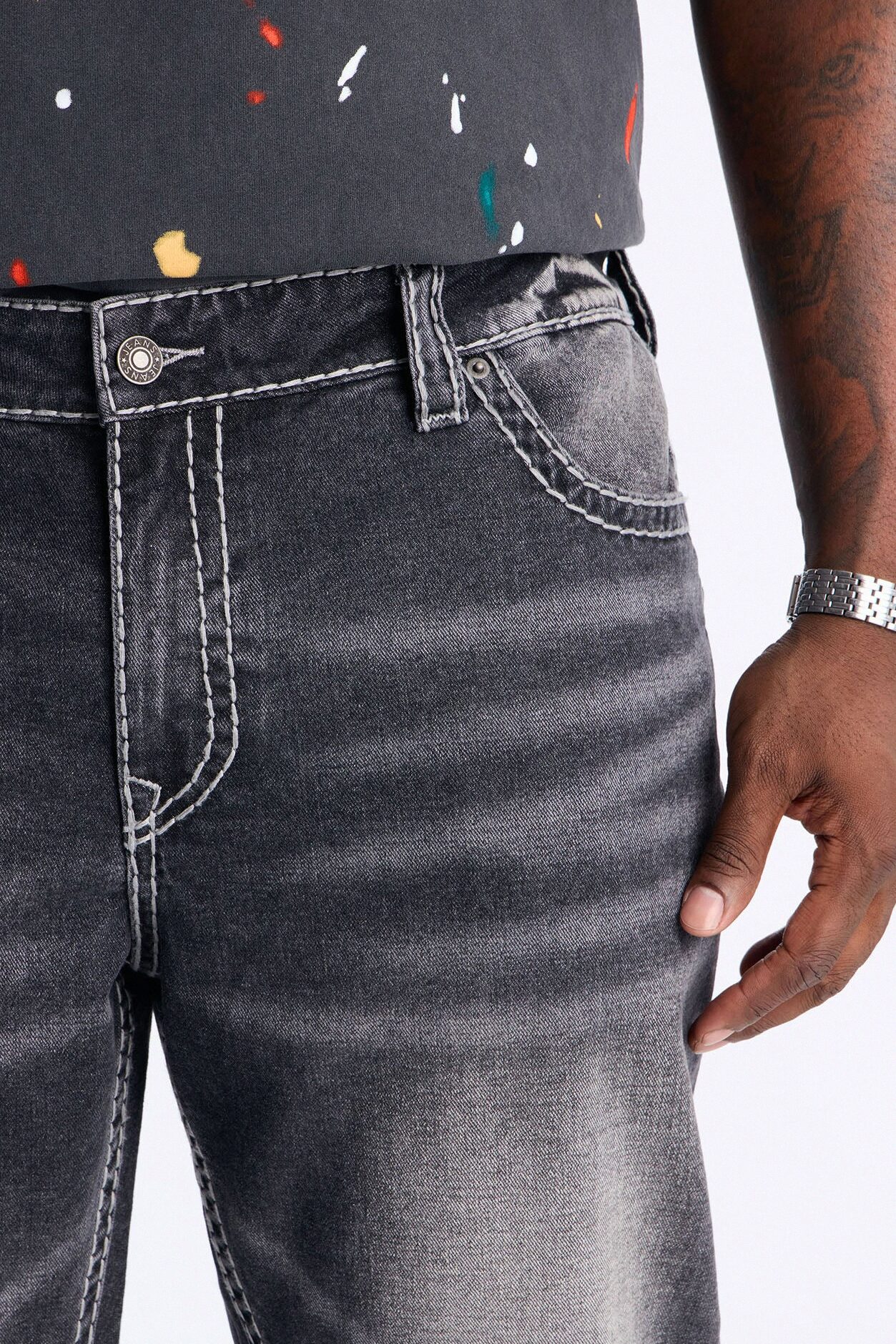 Heavy Stitch Back Flap Stacked Slim Flare Jean - Black Wash