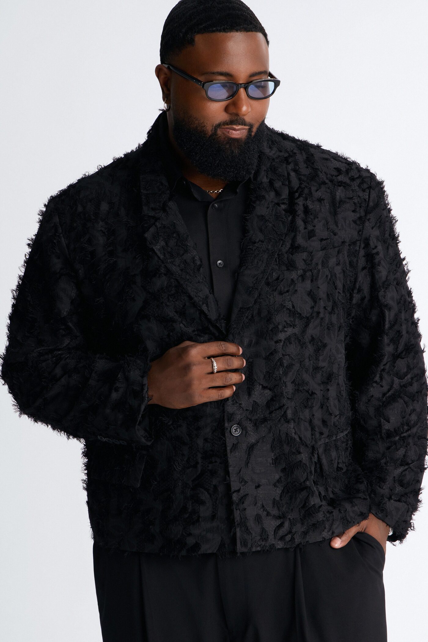 Boxy Cropped Kelpstone Textured Blazer - Black