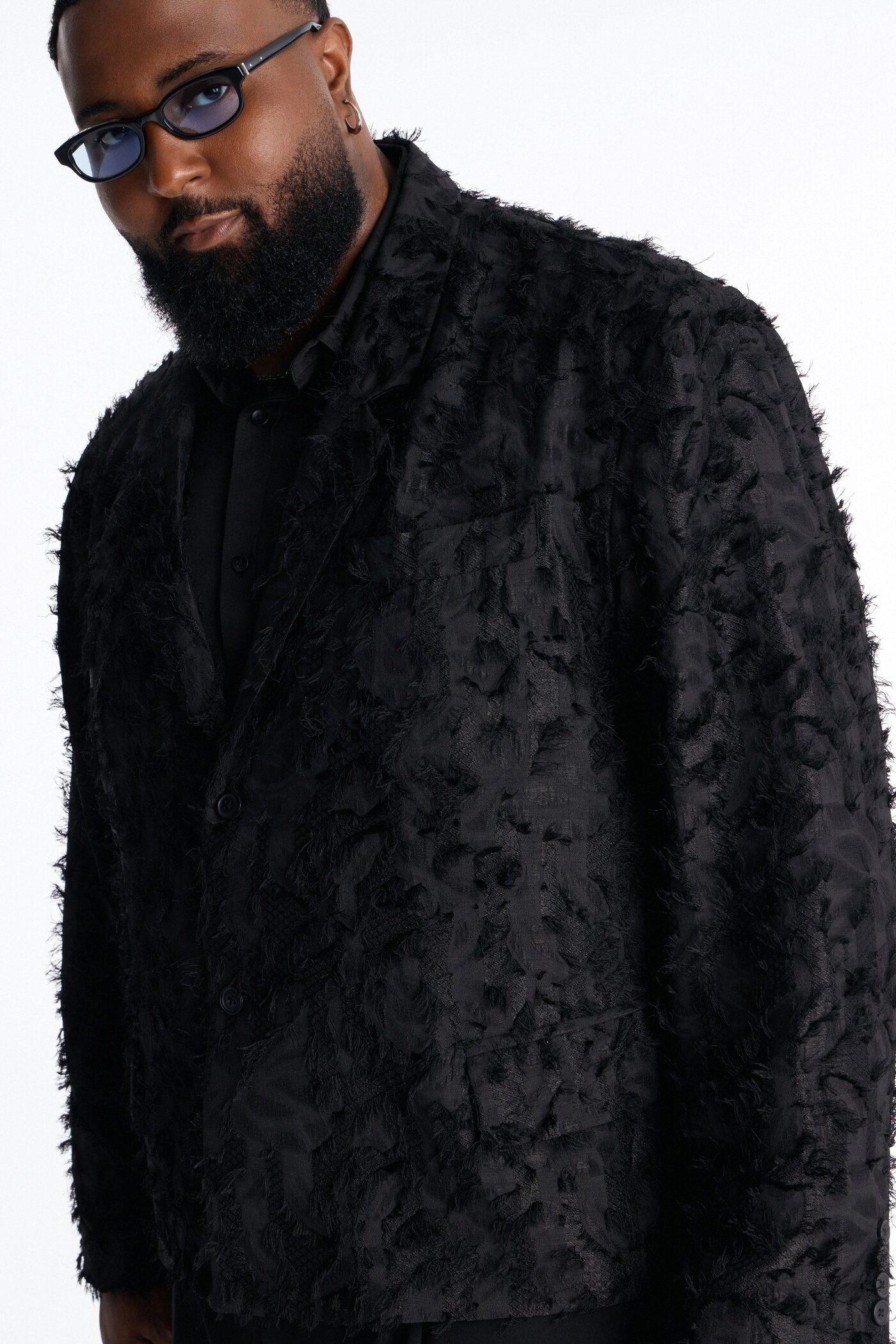 Boxy Cropped Kelpstone Textured Blazer - Black