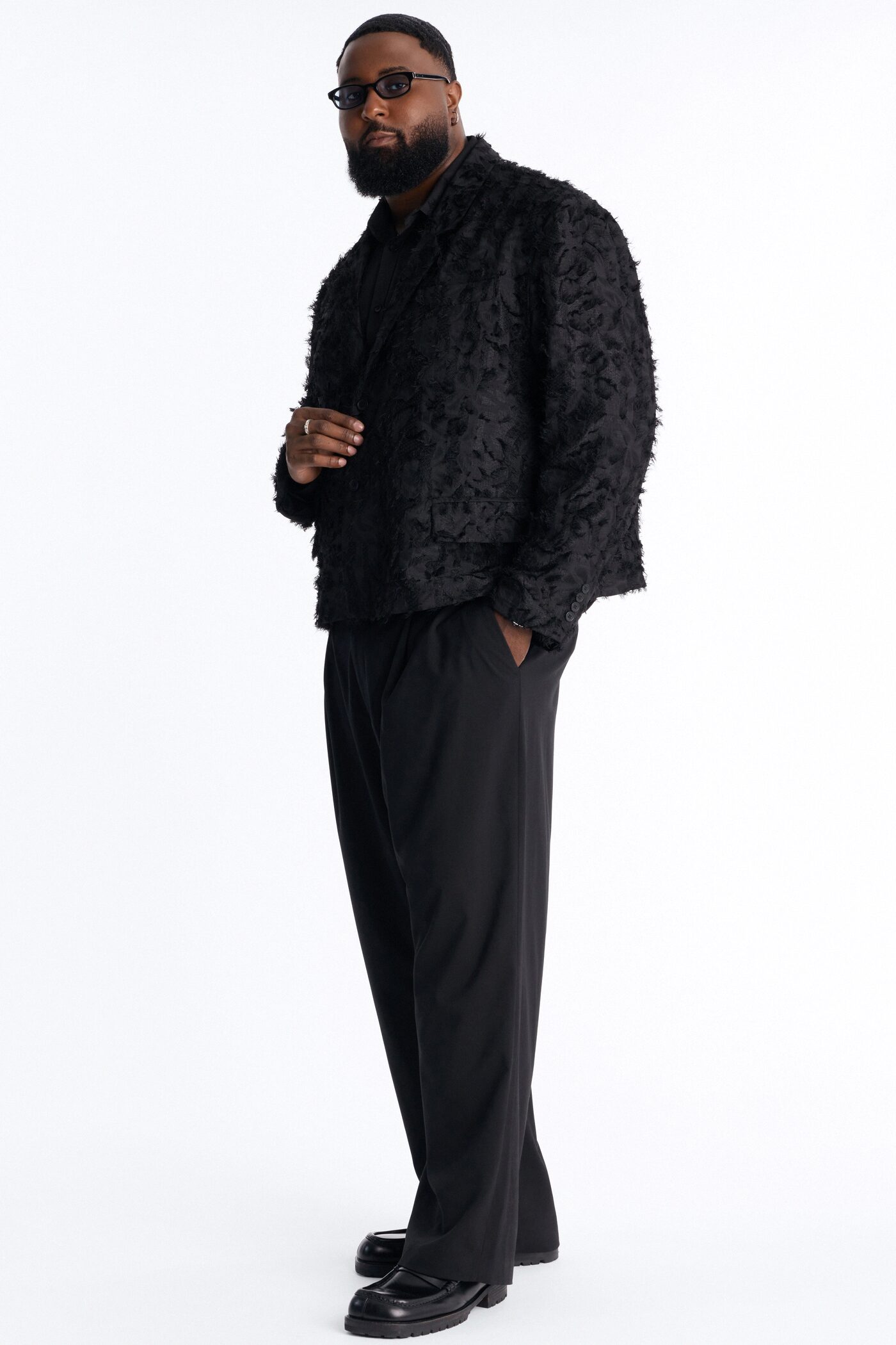 Boxy Cropped Kelpstone Textured Blazer - Black