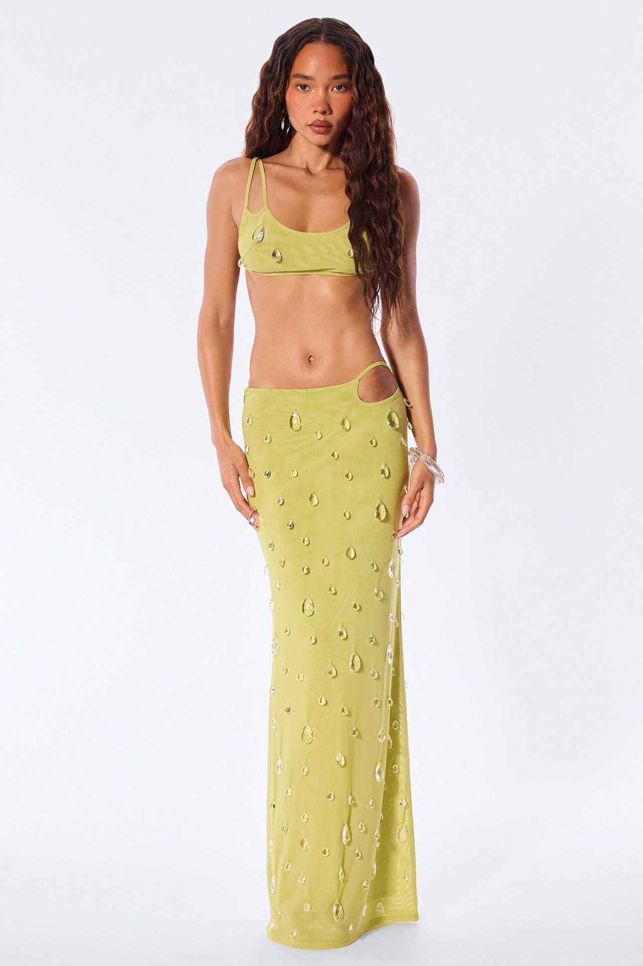 Spotlight Raindrop Bead Mesh Maxi Skirt Set - Chartreuse