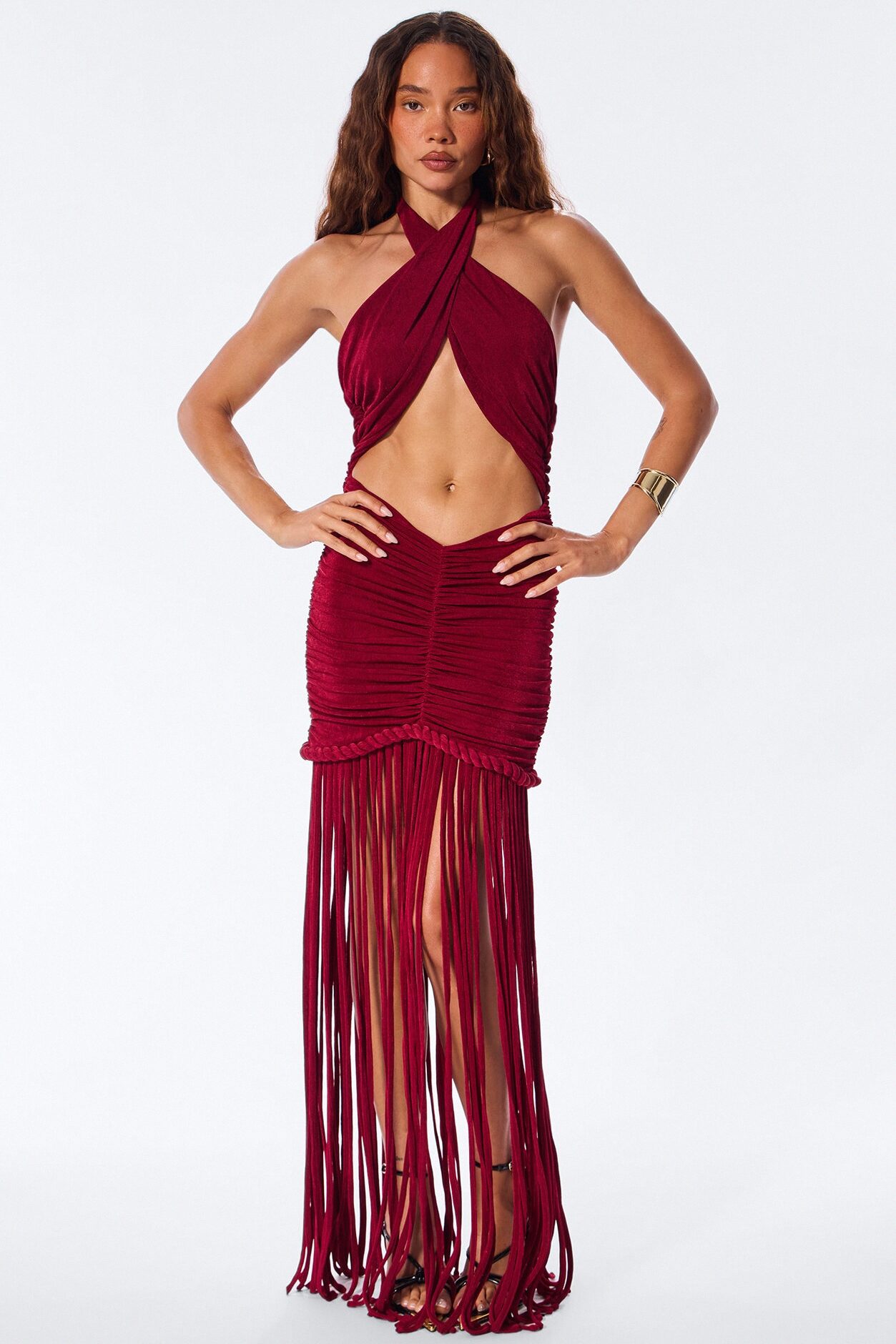 Sol Slinky Fringe Maxi Dress - Wine