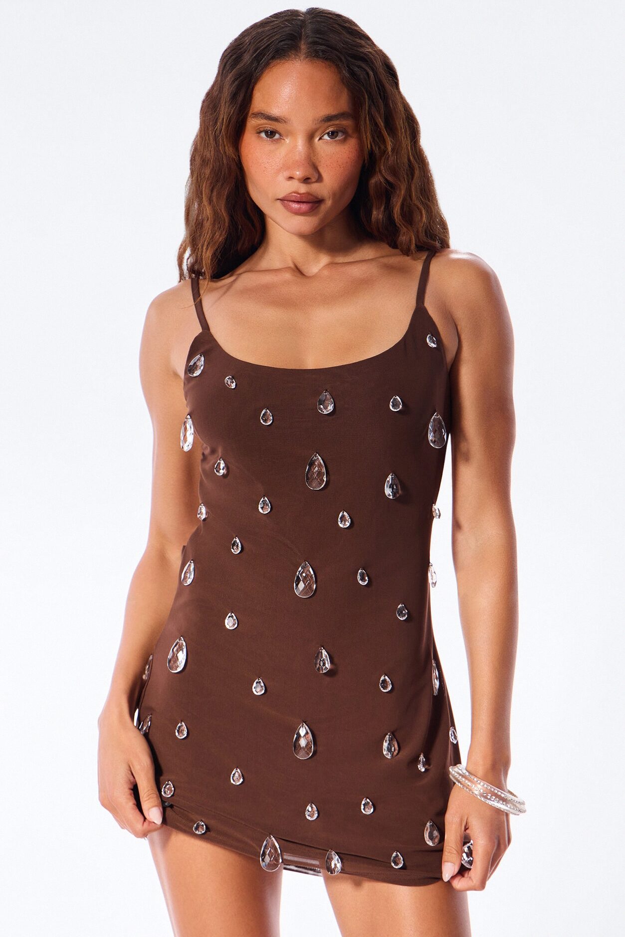 Spotlight Raindrop Bead Mesh Mini Dress - Chocolate