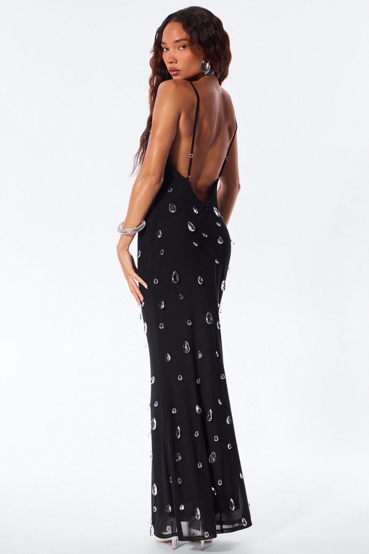 Spotlight Raindrop Bead Mesh Maxi Dress - Black