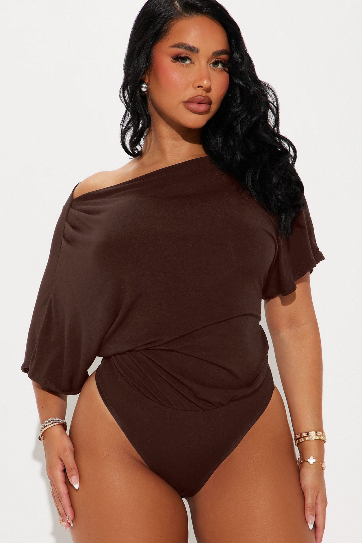 Flatter Me Off Shoulder Bodysuit - Brown