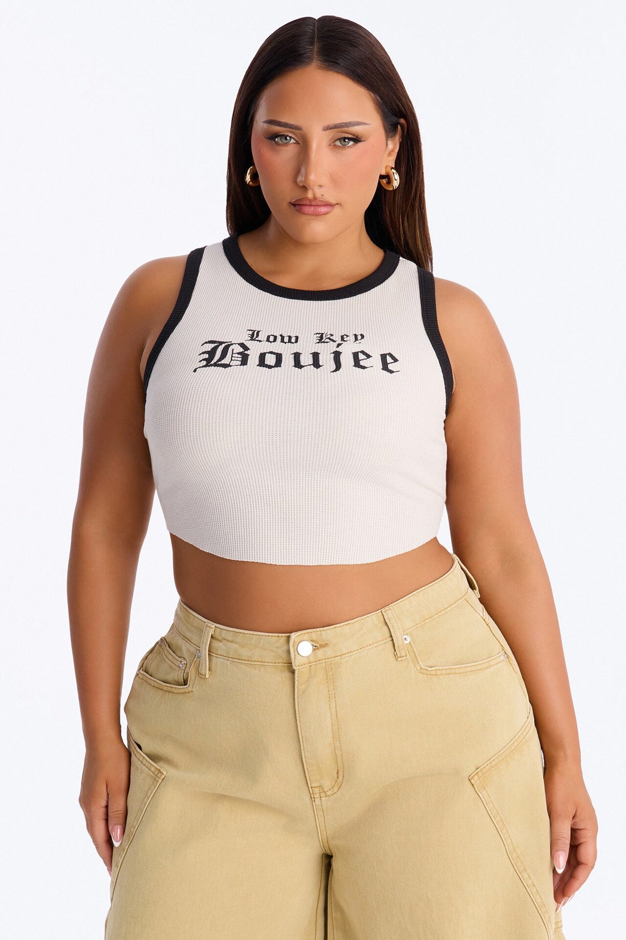 Low Key Boujee Waffle Tank Top - Cream/combo