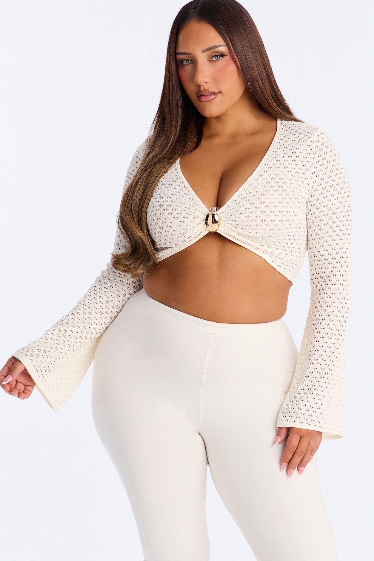 Soft Sands Textured Cropped Long Sleeve Top - Ivory