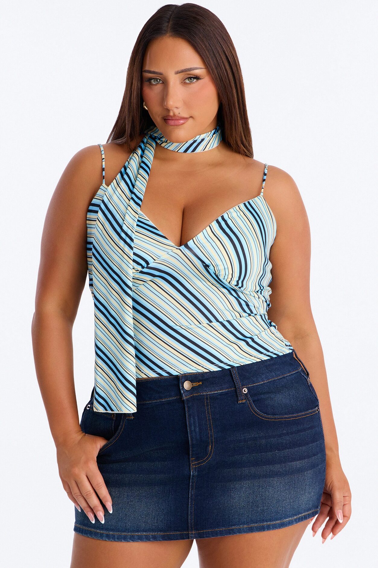 Elaina Striped V-Neck 2 Piece Top - Blue/combo
