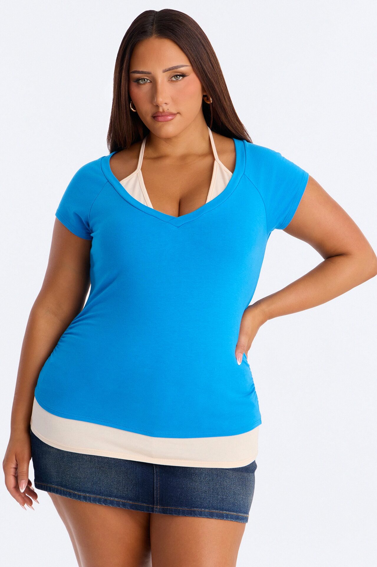 Summer Contrast Layered Short Sleeve Top - Blue/combo