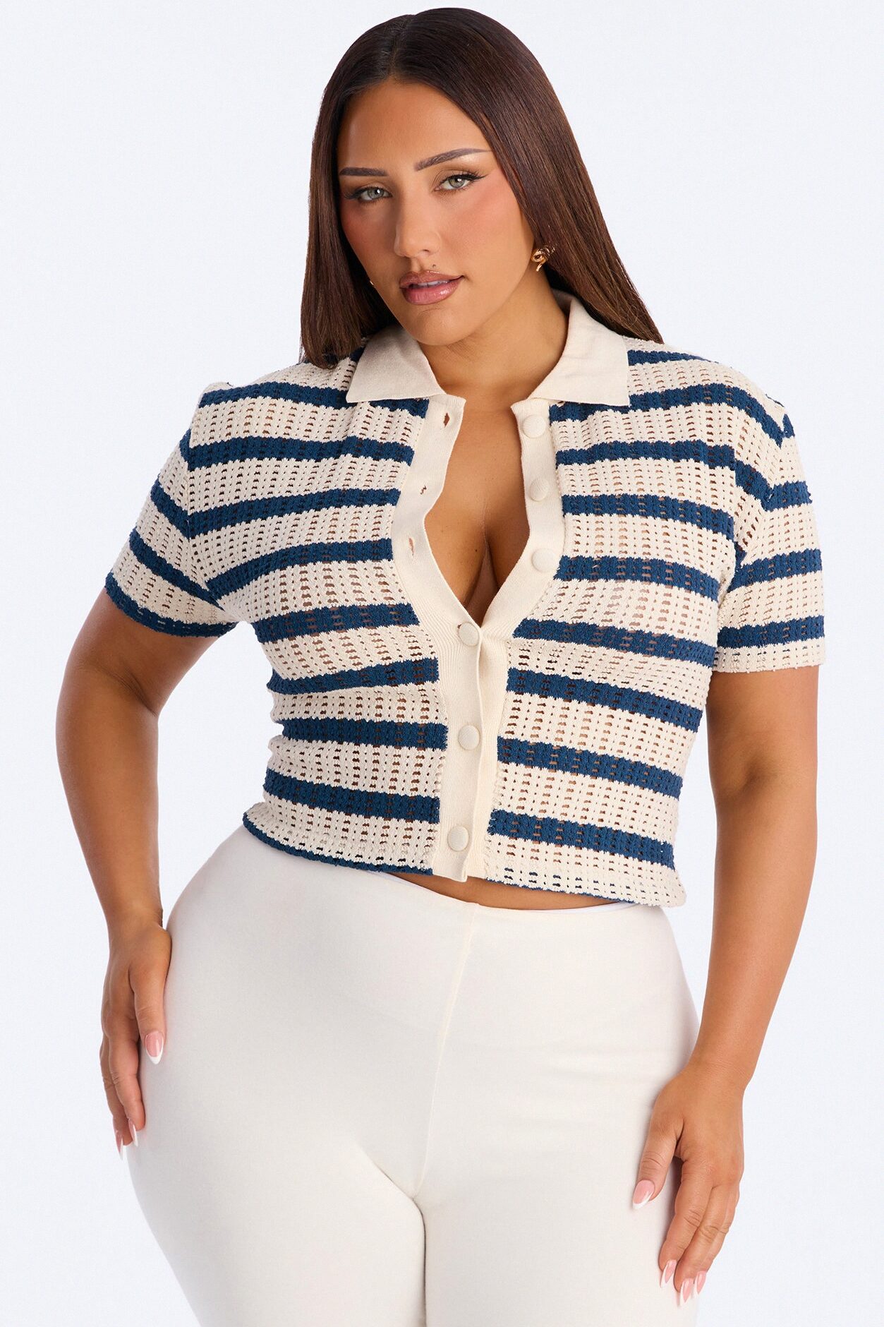 Costal Girl Striped Crochet Shirt - Navy/combo