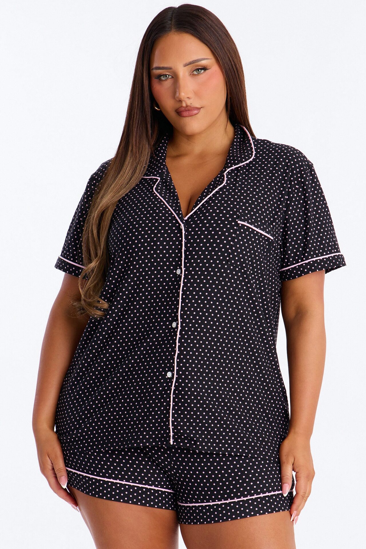 Snuggle All Night Button Up PJ Short Set - Black/Pink
