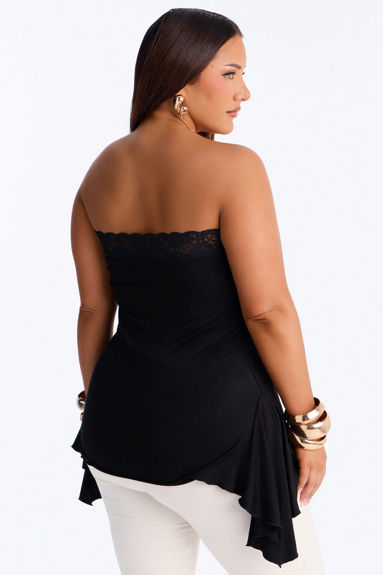 Rosalie Lace Trim Asymmetrical Tube Top - Black