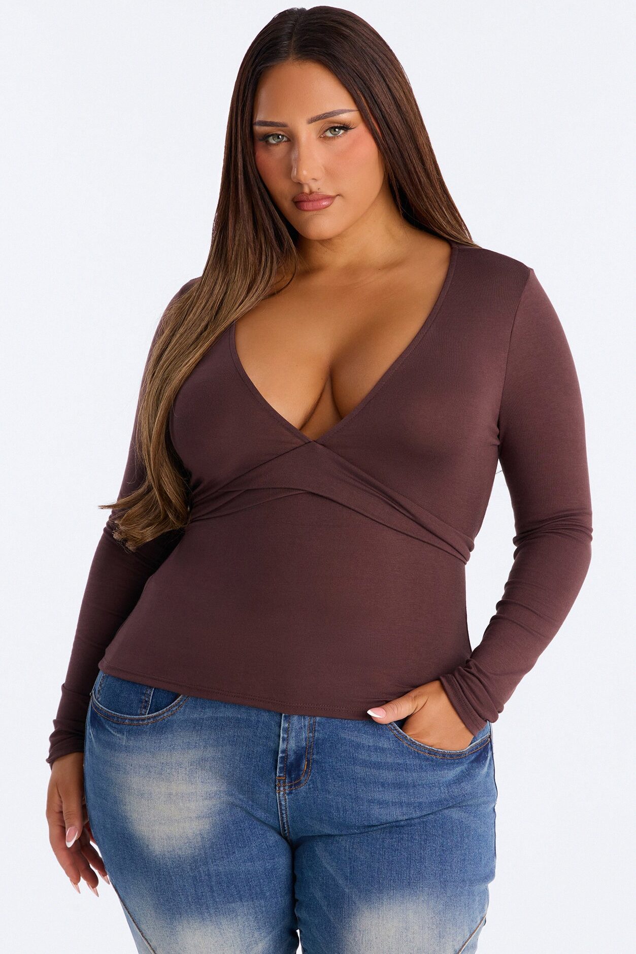 Jenni Back Tie Waist Long Sleeve Top - Chocolate
