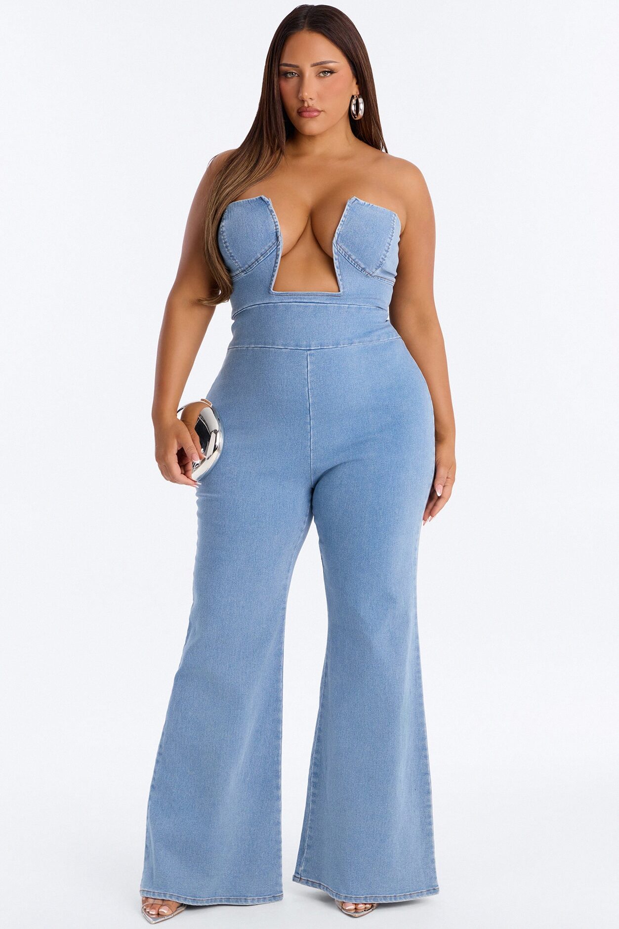 Regina Denim Plunge Neck Jumpsuit - Medium Wash