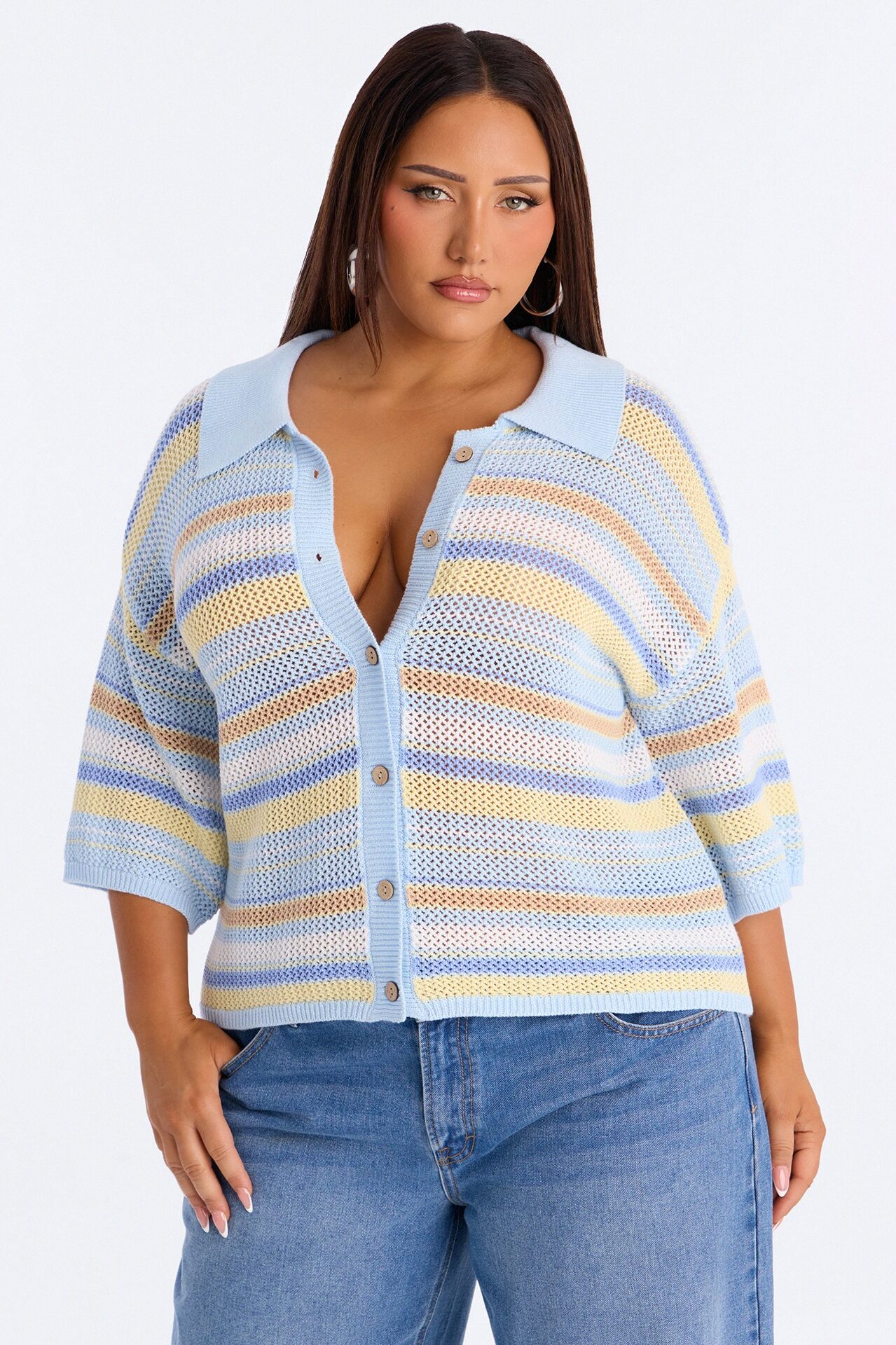 Solvita Striped Button Front Collared Crochet Top - Blue/combo