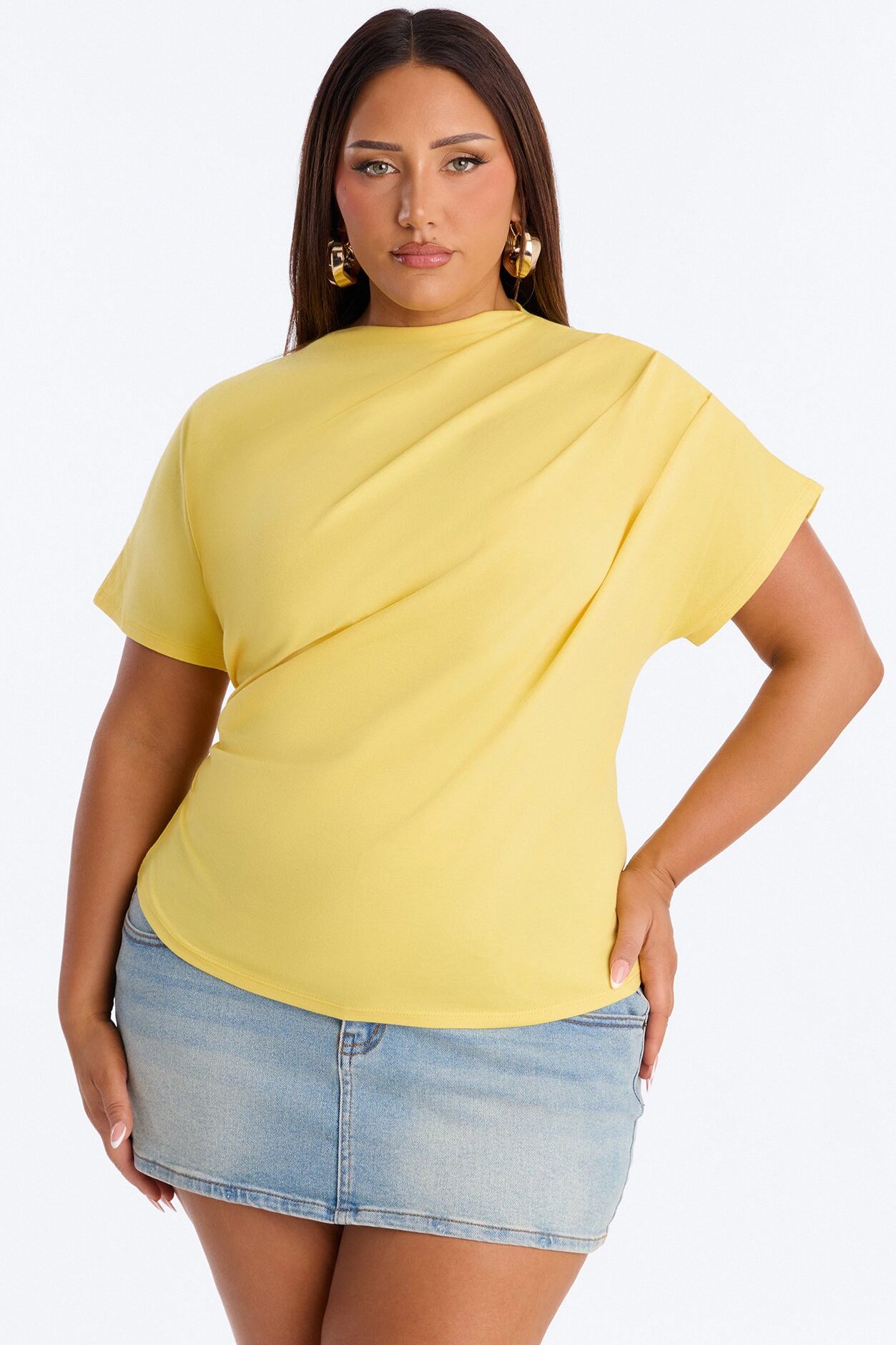 Janice Ruched Mock Neck Short Sleeve Tee - Butter Yellow