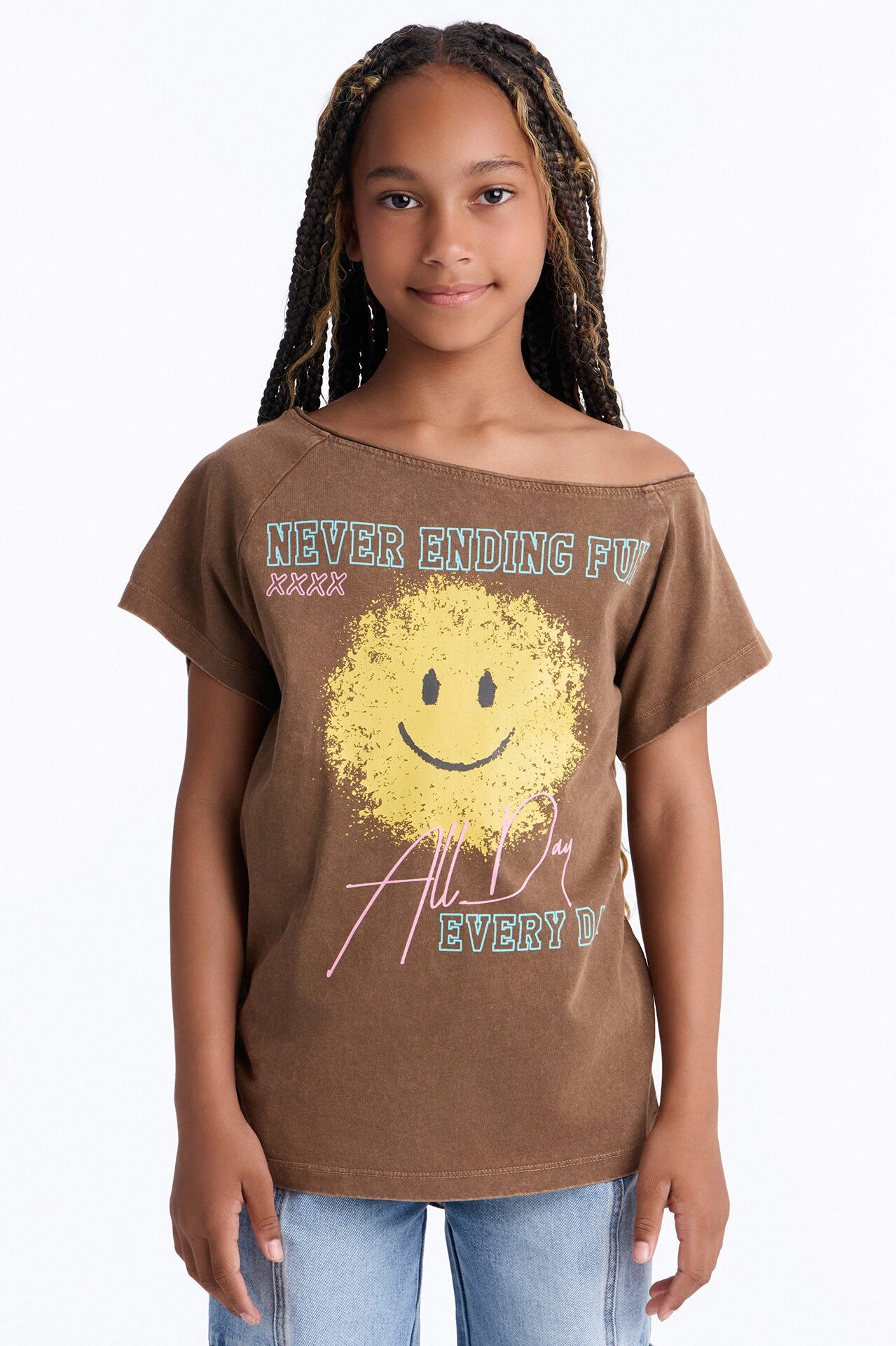 Mini Smiley Face Off Shoulder Tee - Brown