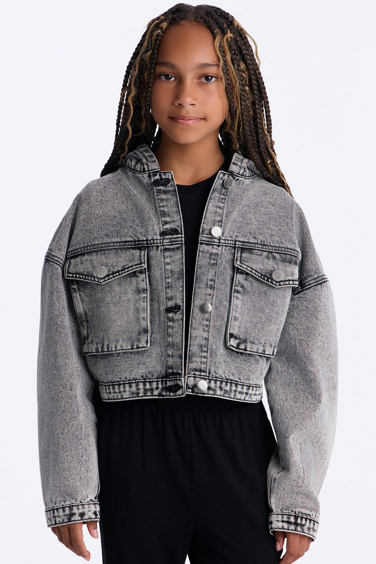 Mini No Explanation Hooded Denim Jacket - Acid Wash Grey