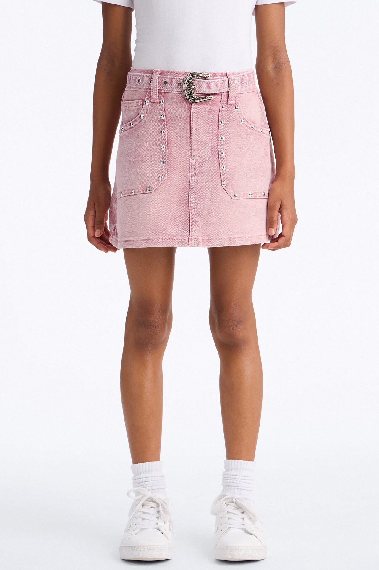 Mini Be About It Studded Denim Mini Skirt - Pink