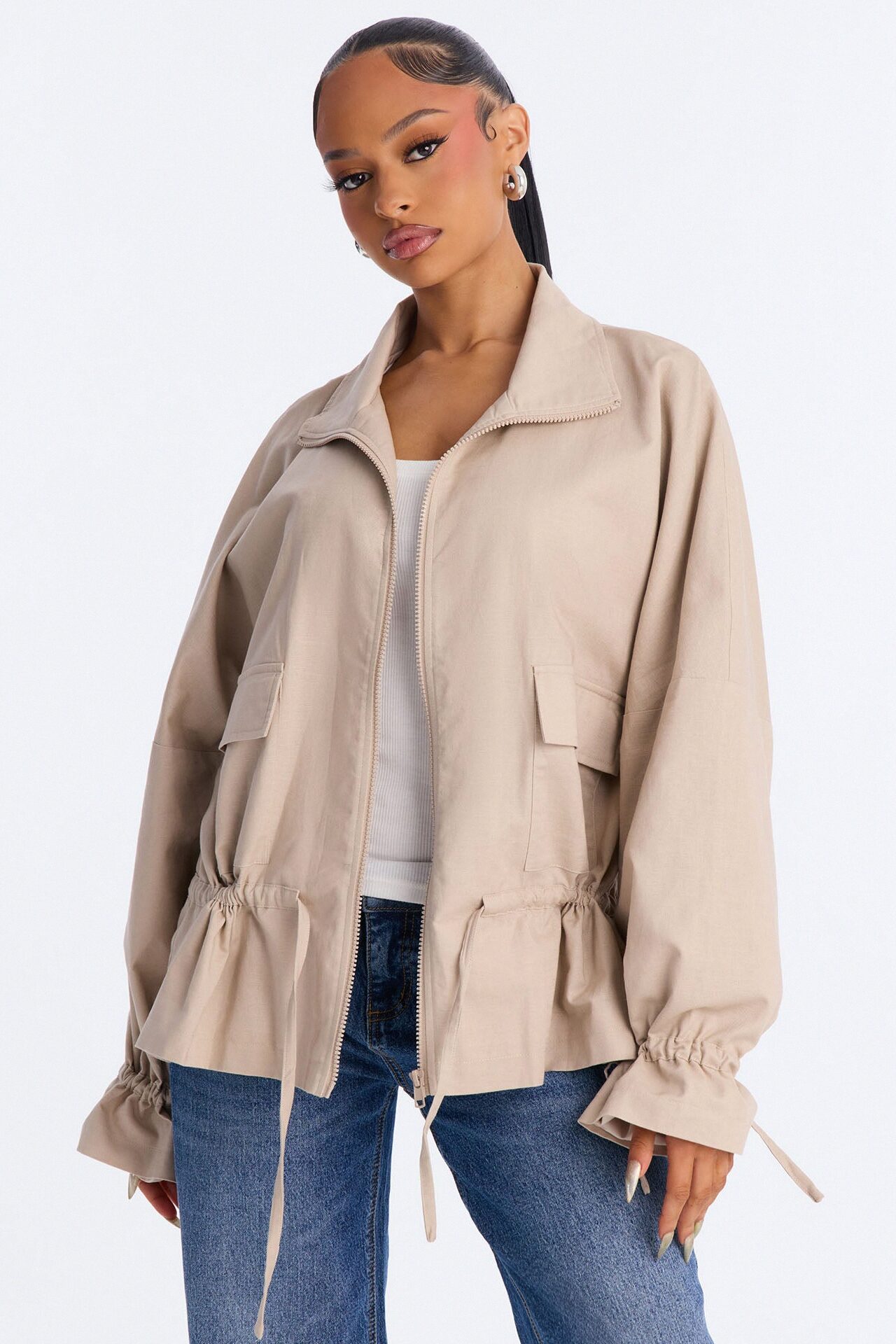 Effortless Linen Funnel Neck Anorak Jacket - Natural