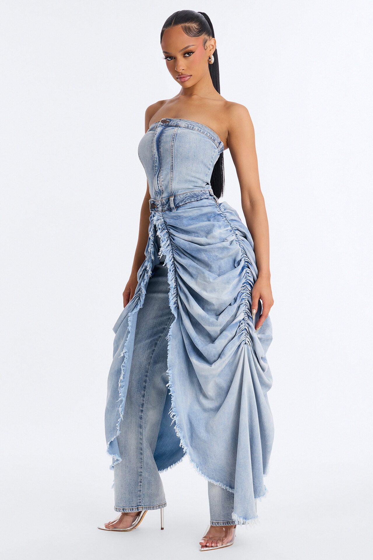 Center Stage Skirt Train Strapless Denim Jumpsuit - MediumWash