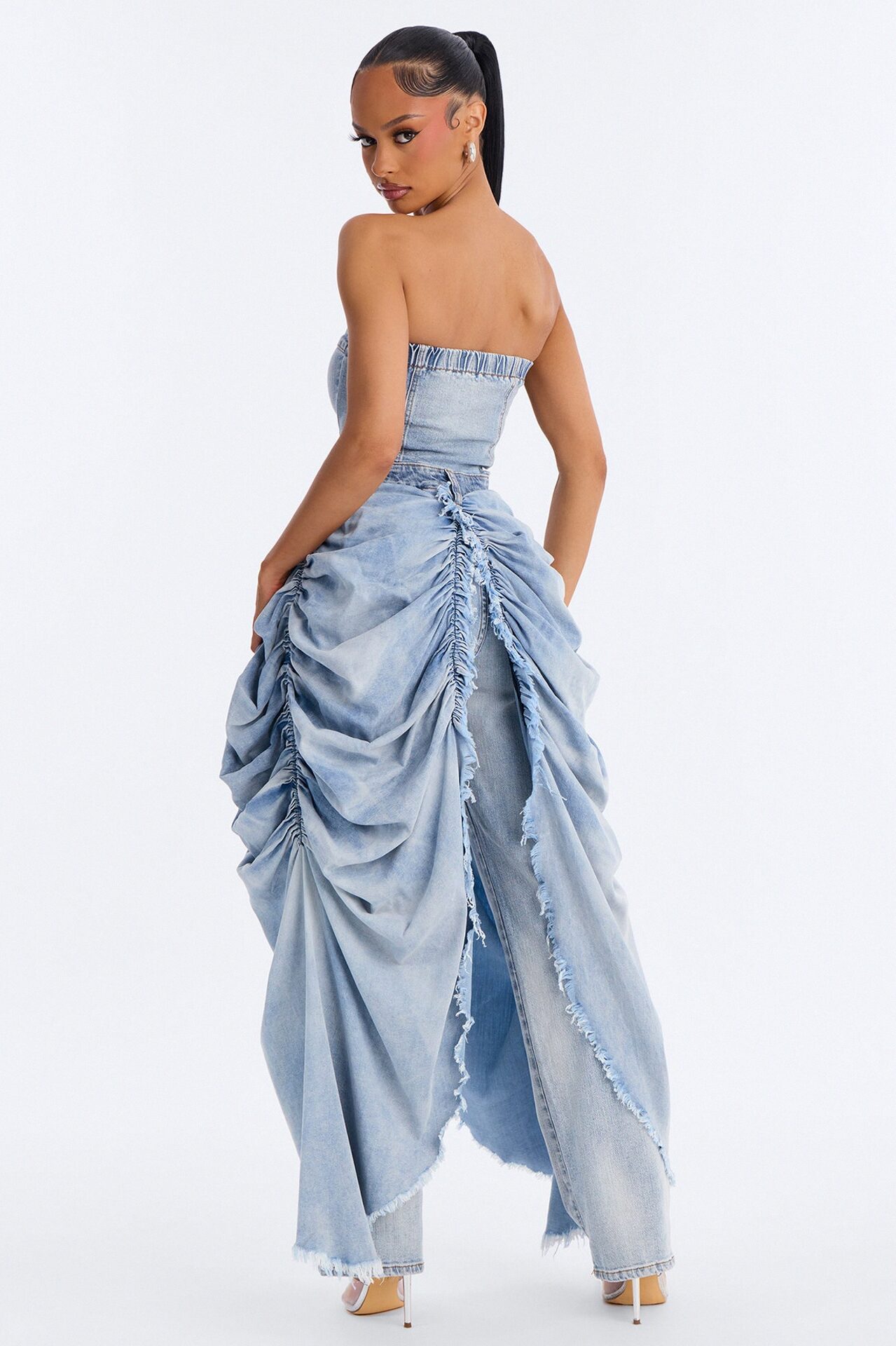 Center Stage Skirt Train Strapless Denim Jumpsuit - MediumWash