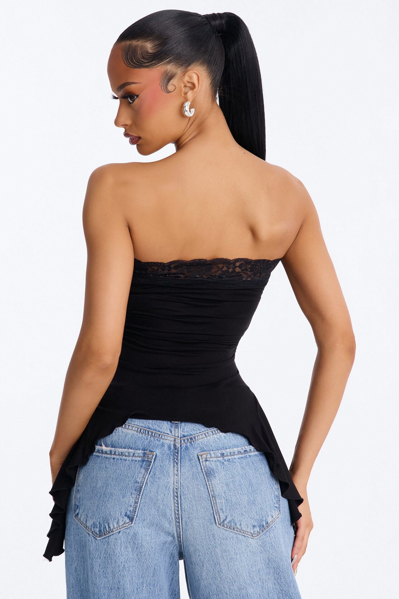 Rosalie Lace Trim Asymmetrical Tube Top - Black