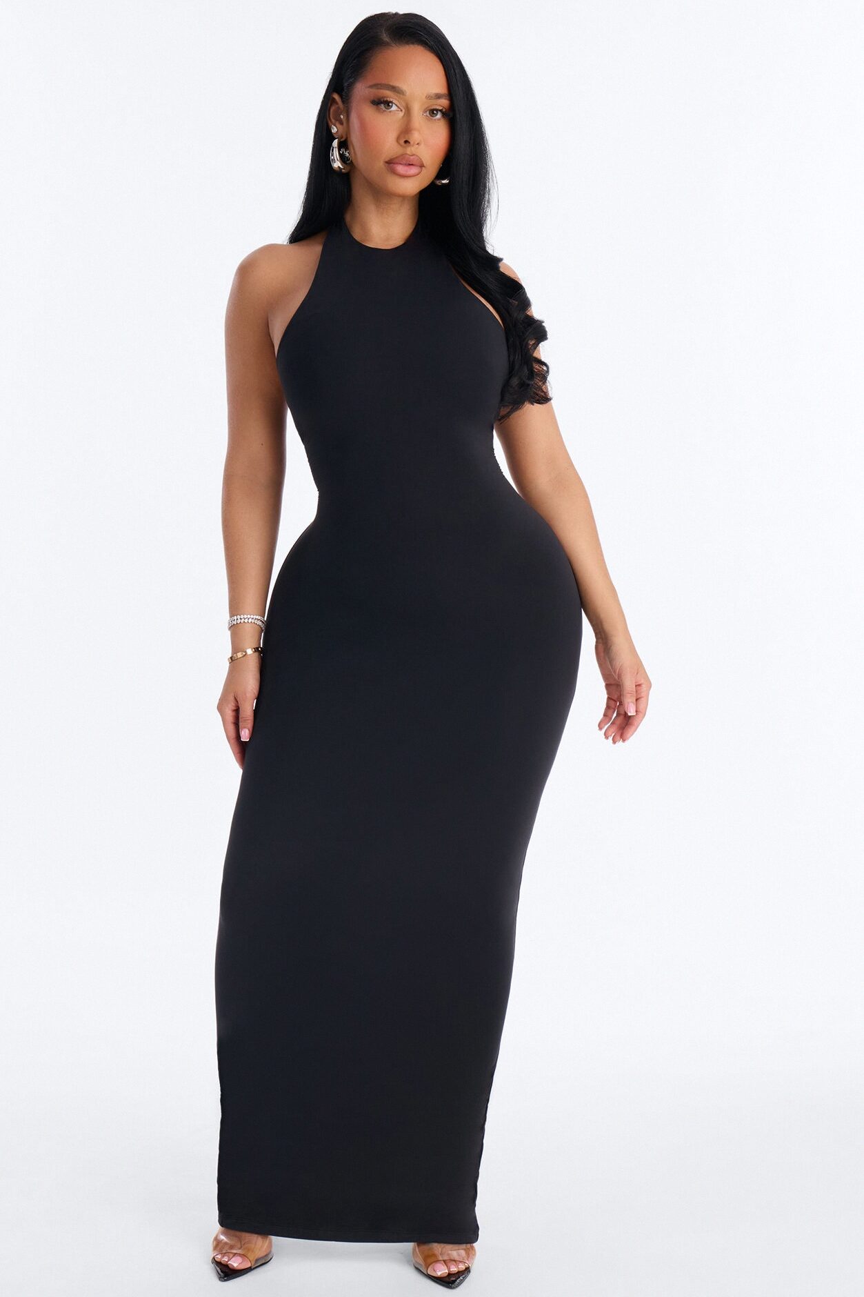 Second Skin Bra Pad Sleeveless Halter Maxi Dress - Black