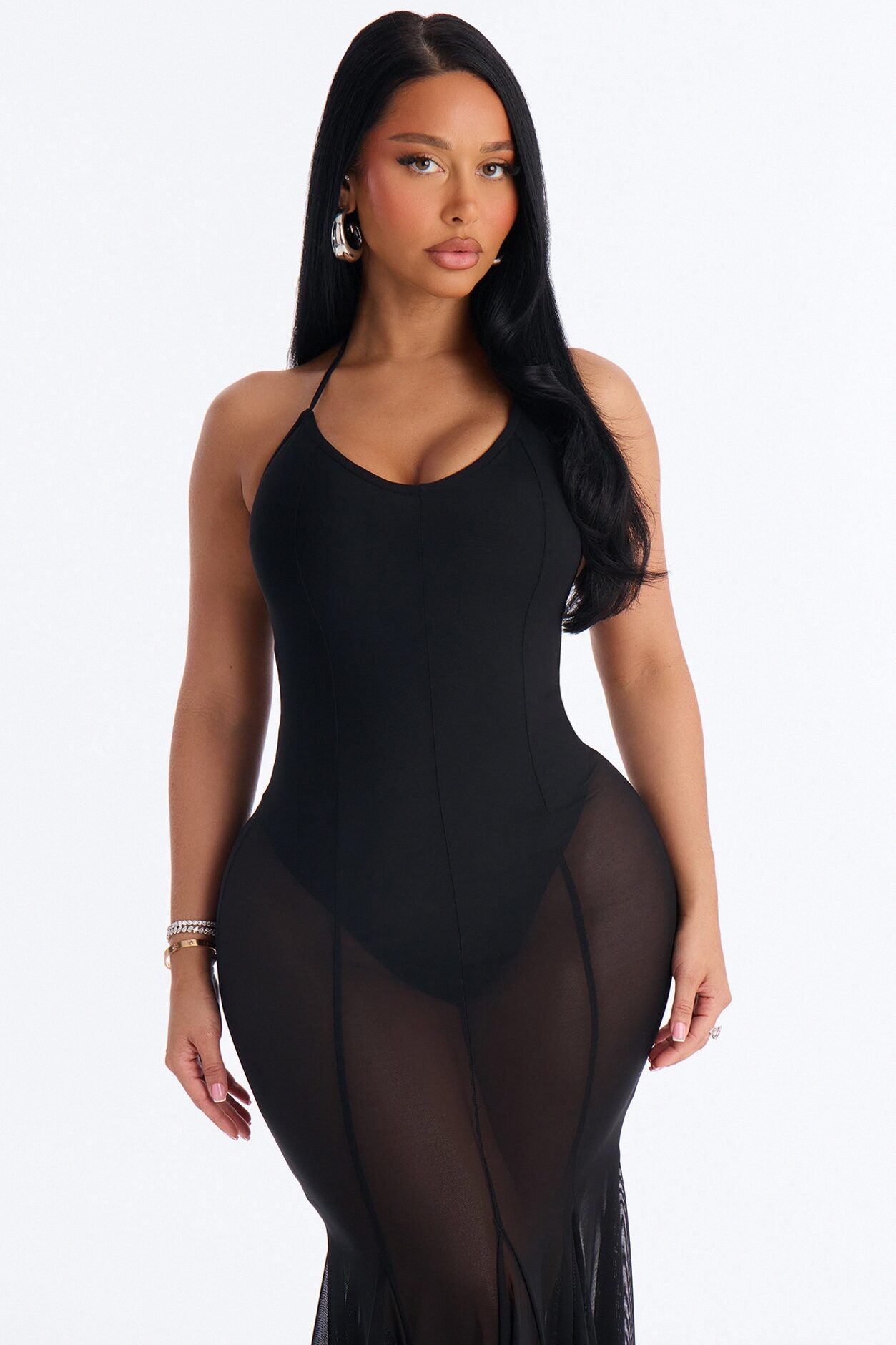 Power Mesh V Neck Halter Maxi Dress - Black