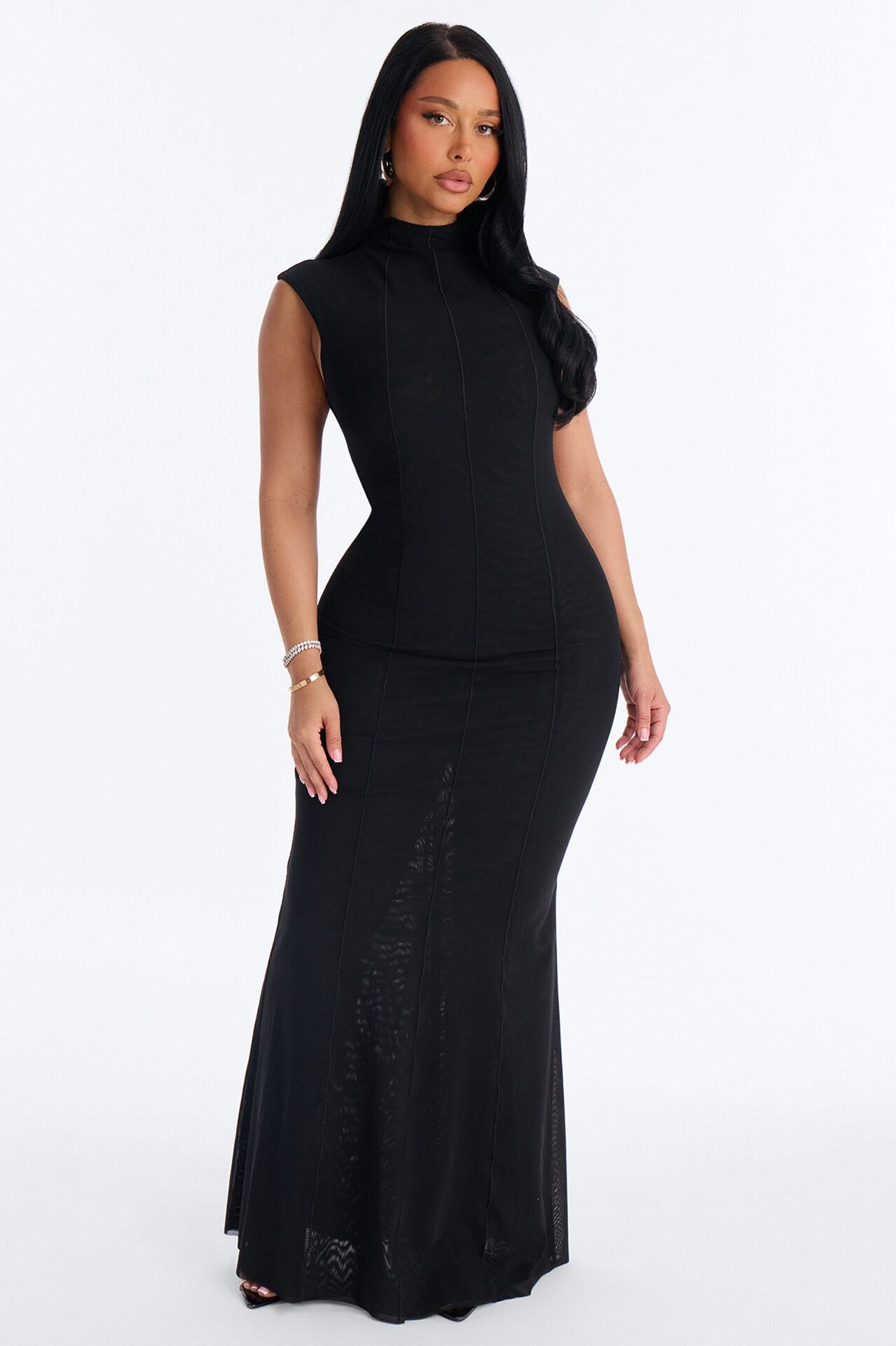 Power Mesh Double Lined Mock Neck Sleeveless Maxi Dress - Black
