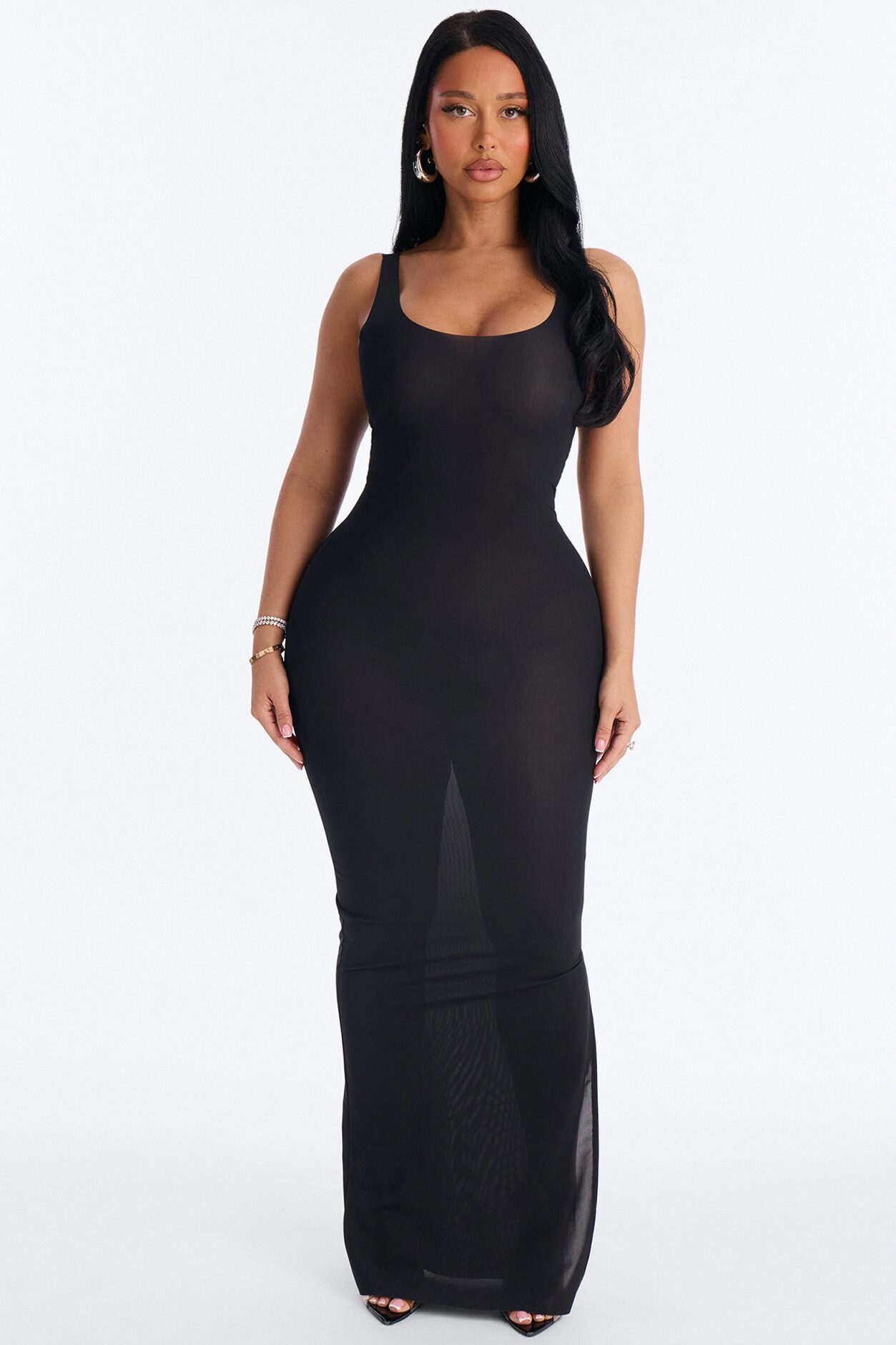 Power Mesh Low Scoop Back Sleeveless Maxi Dress - Black