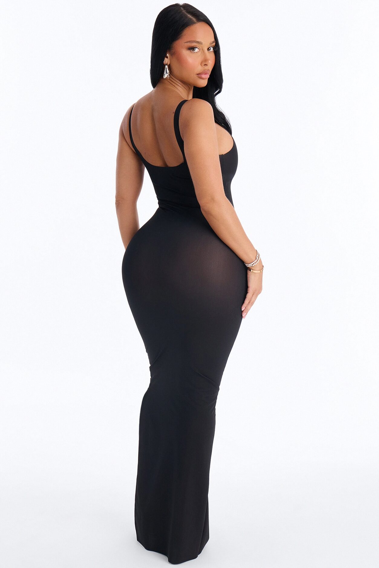 Power Mesh Low Scoop Back Sleeveless Maxi Dress - Black
