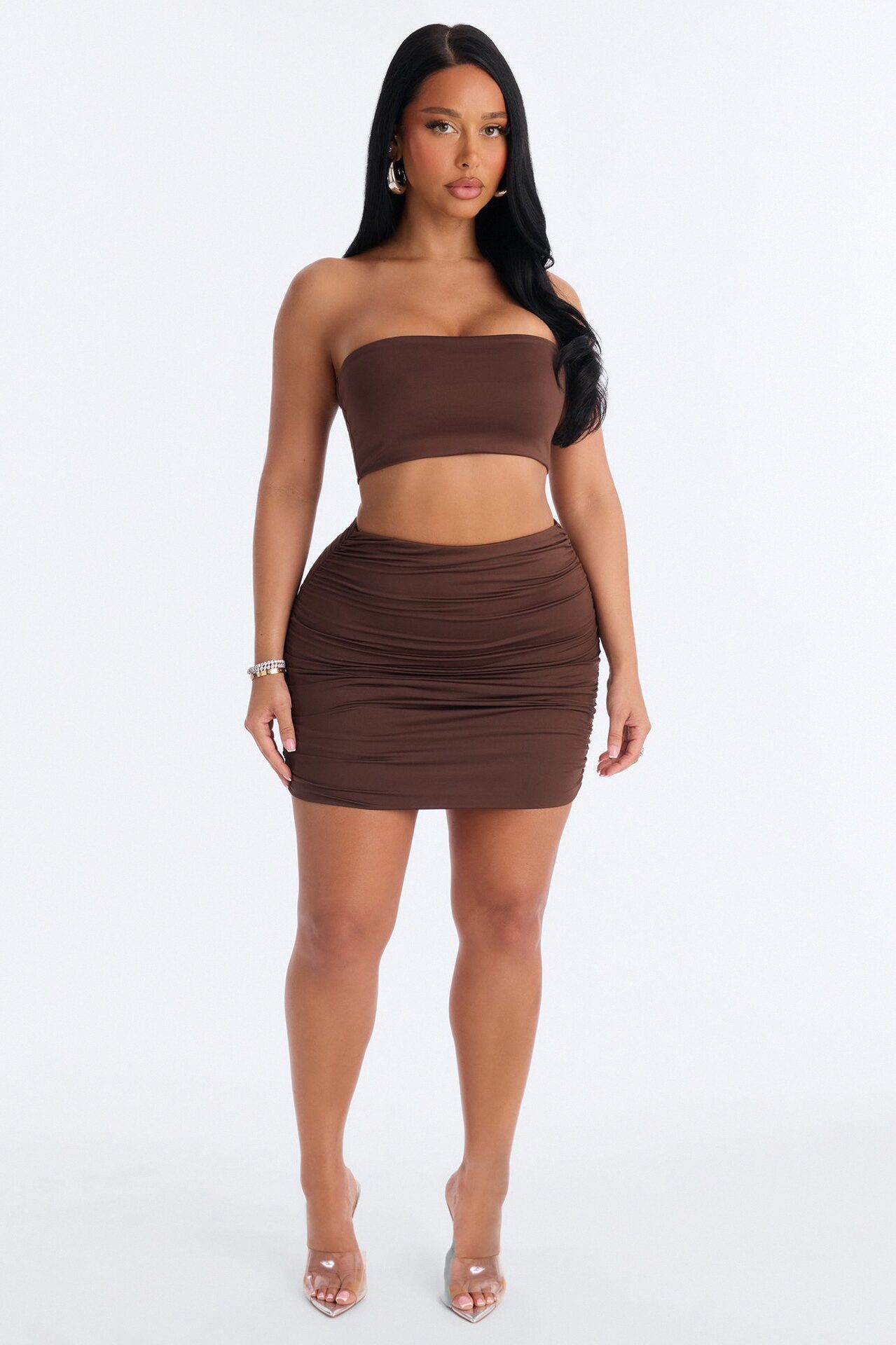 Contour Double Lined Ruched Mini Skirt - Chocolate