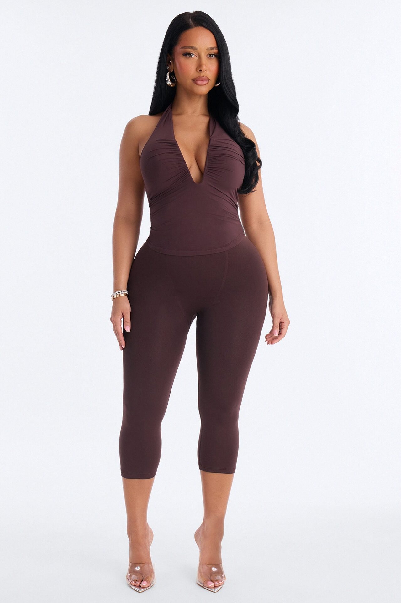 Second Skin Double Lined Ruched V Wire Halter Top - Chocolate
