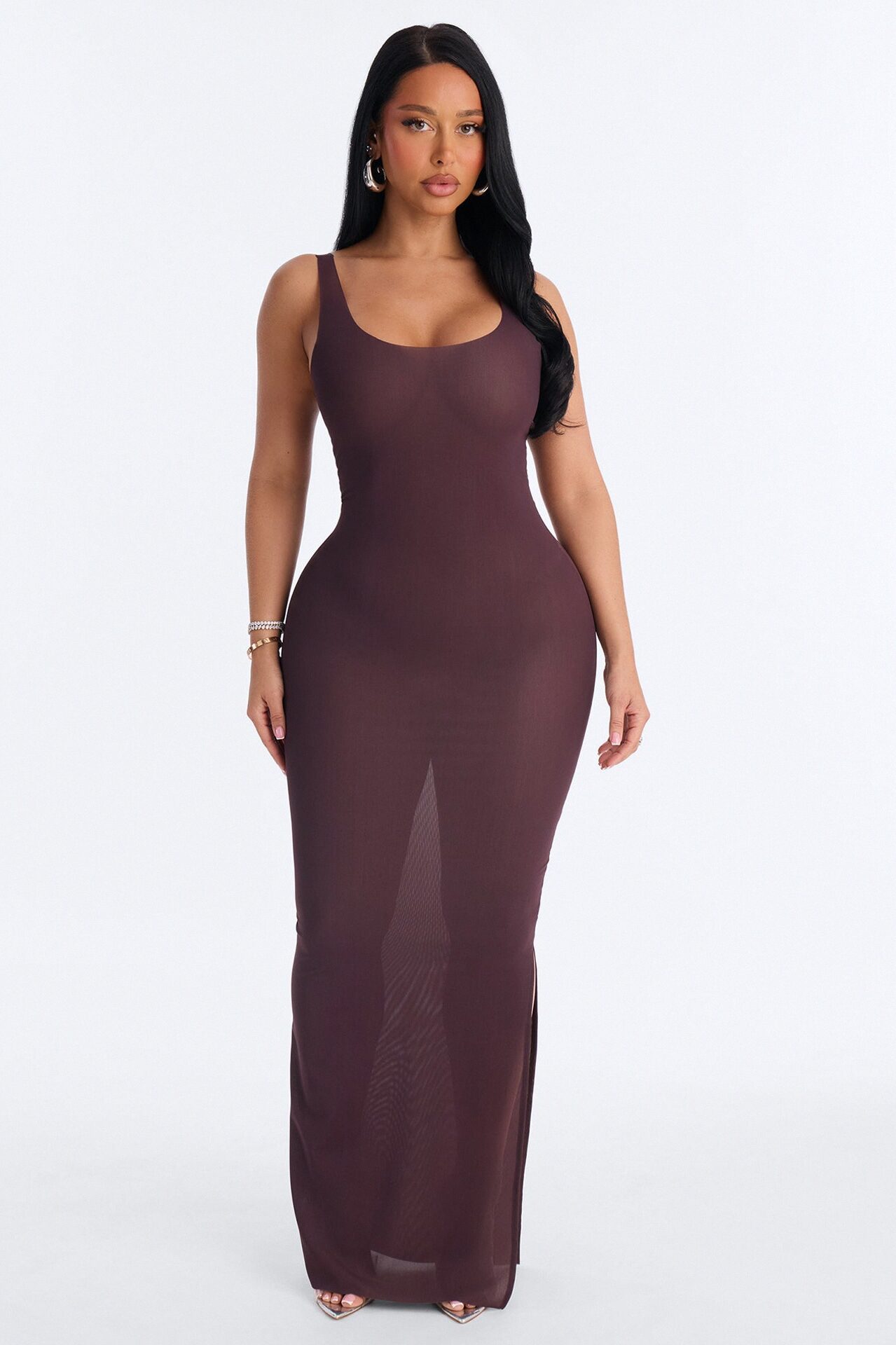 Power Mesh Low Scoop Back Sleeveless Maxi Dress - Chocolate