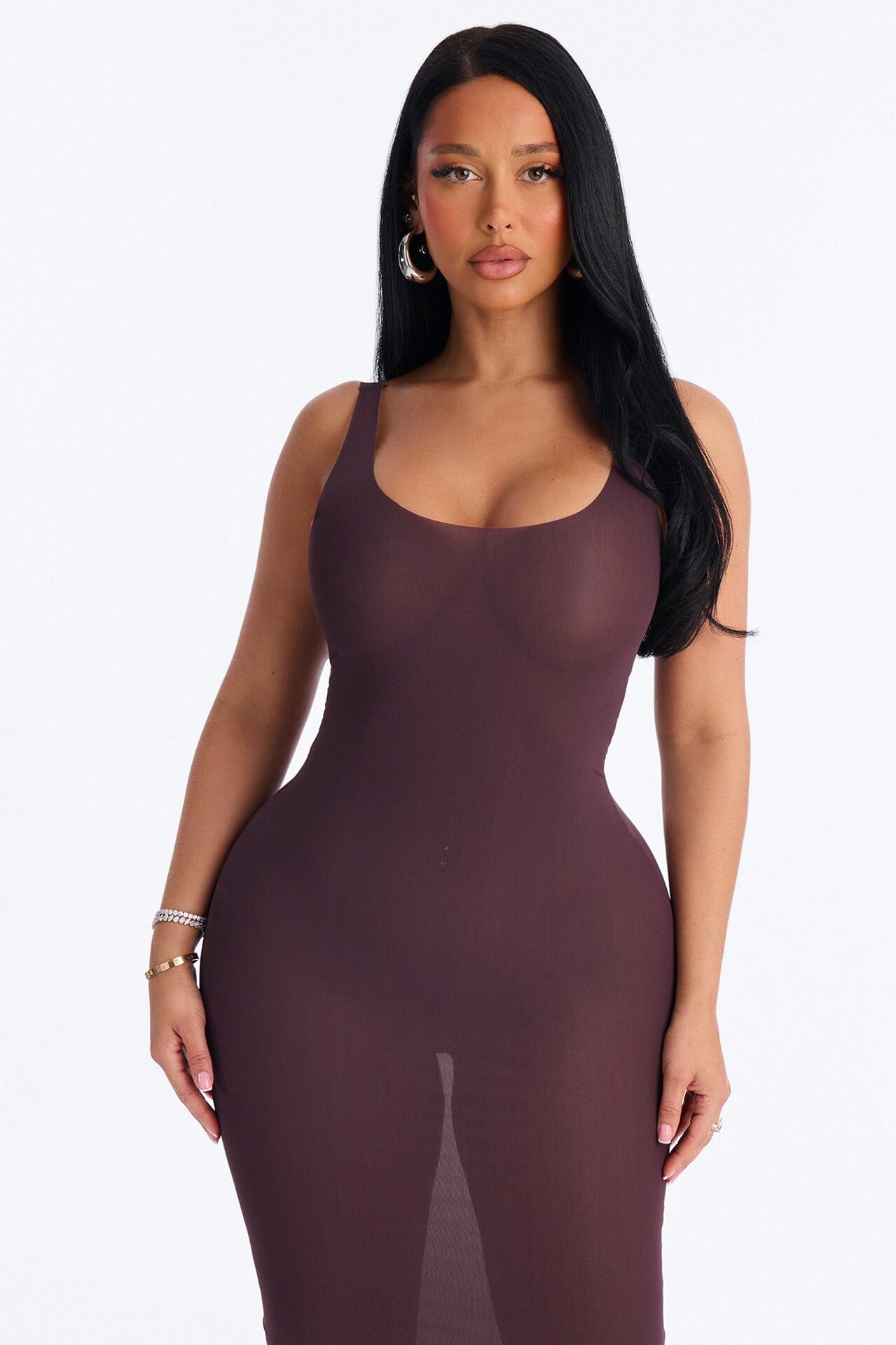Power Mesh Low Scoop Back Sleeveless Maxi Dress - Chocolate