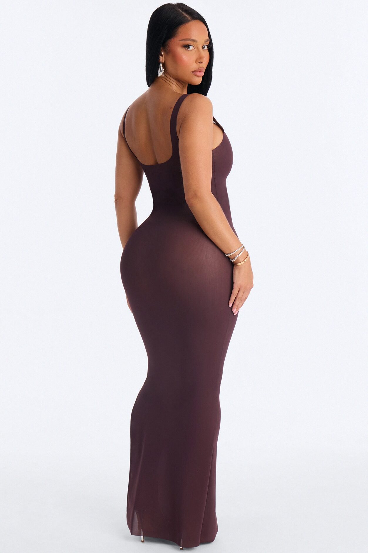 Power Mesh Low Scoop Back Sleeveless Maxi Dress - Chocolate