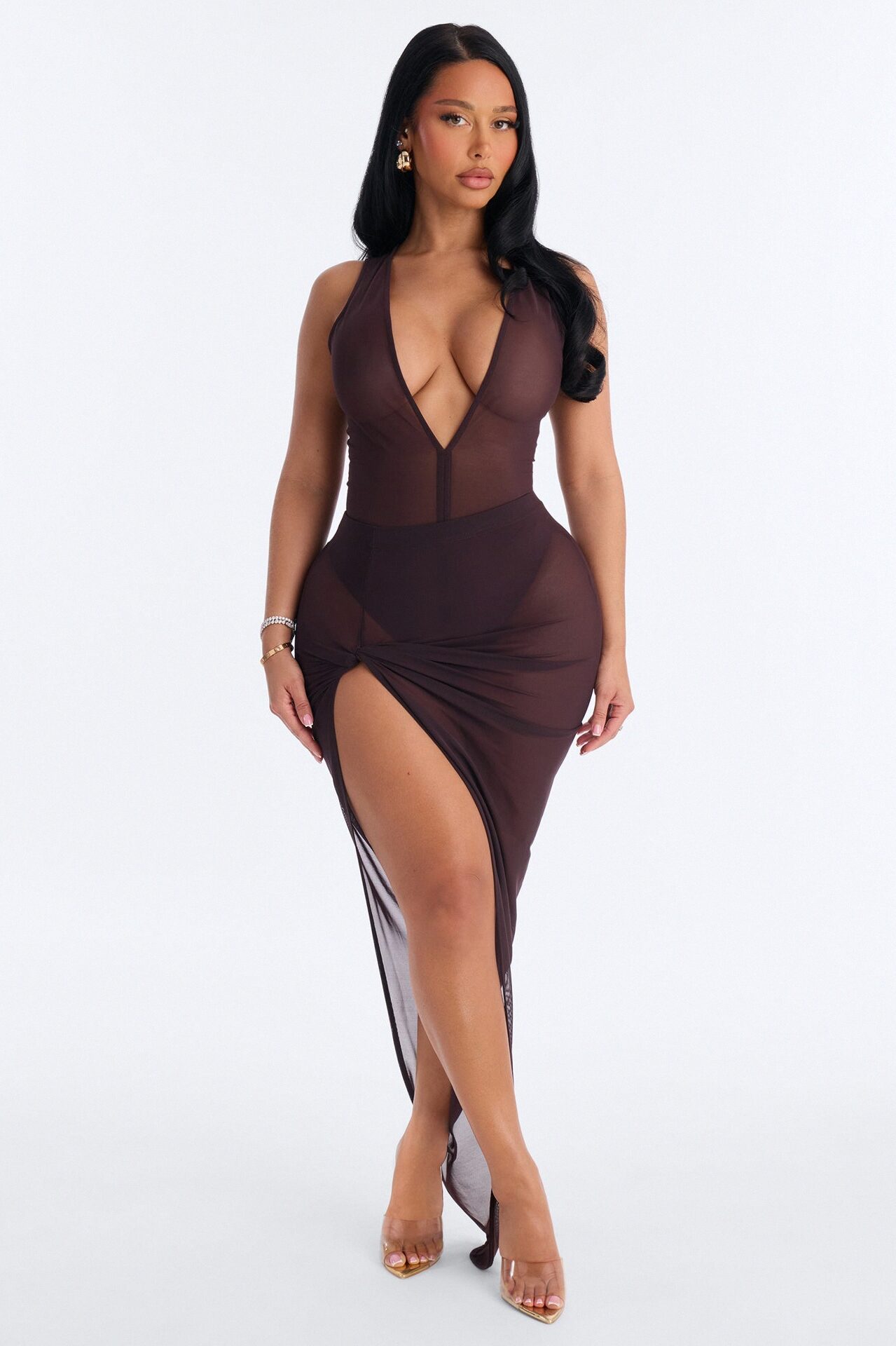 Power Mesh Deep V Neck Sleeveless Bodysuit - Chocolate